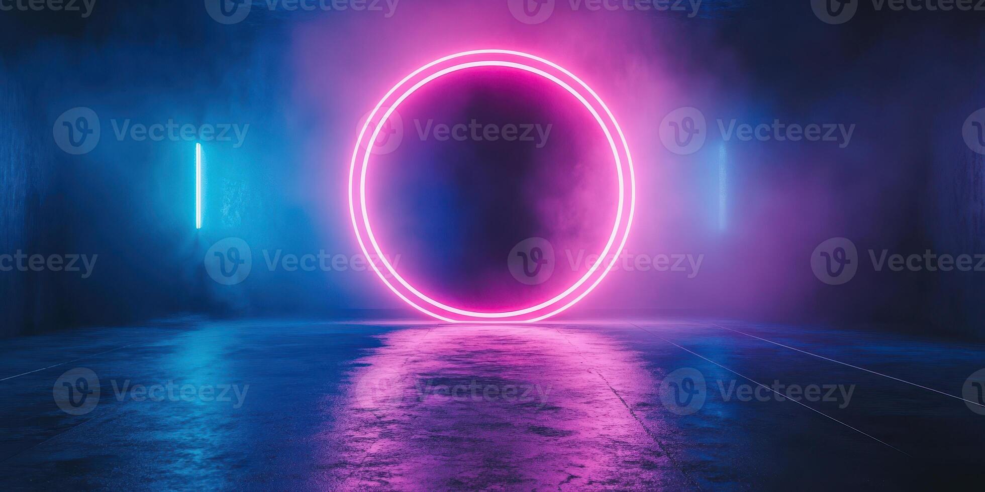 Neon circle illuminated by purple and blue lights in a dark urban space during nighttime photo