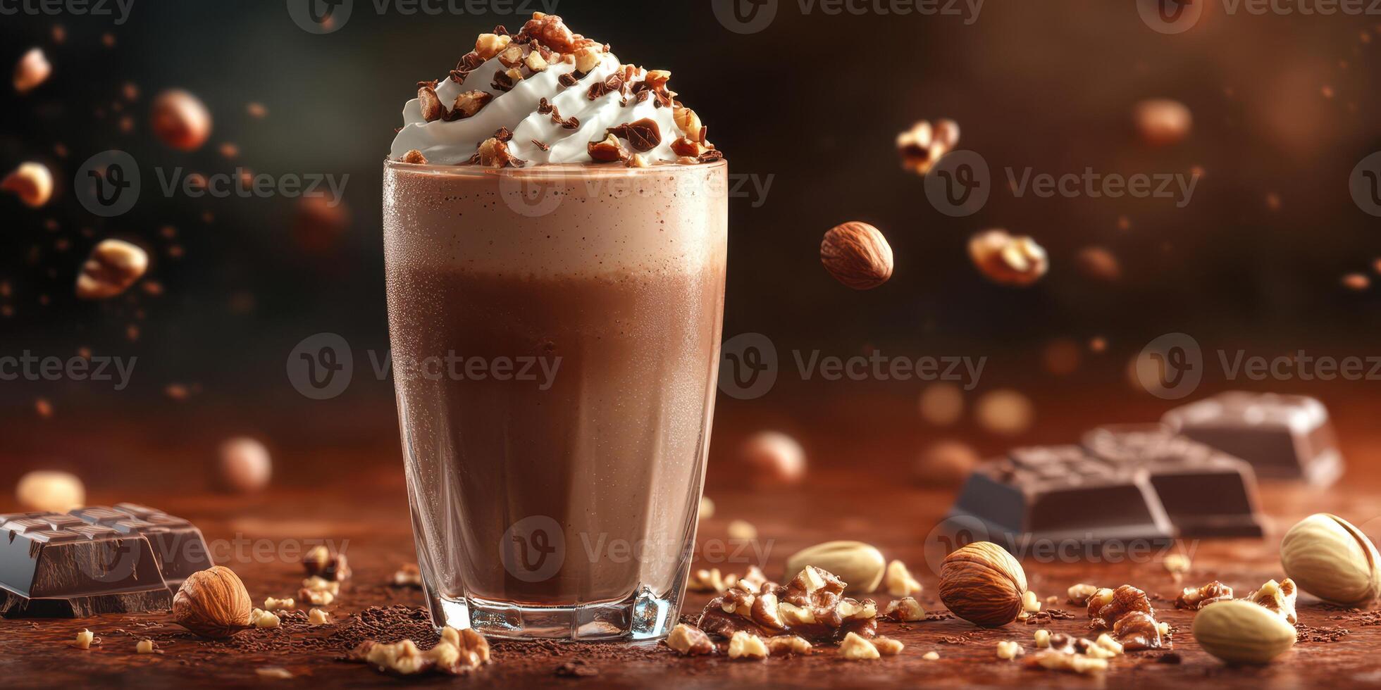 Creamy chocolate beverage topped with whipped cream and nuts set against a warm background photo