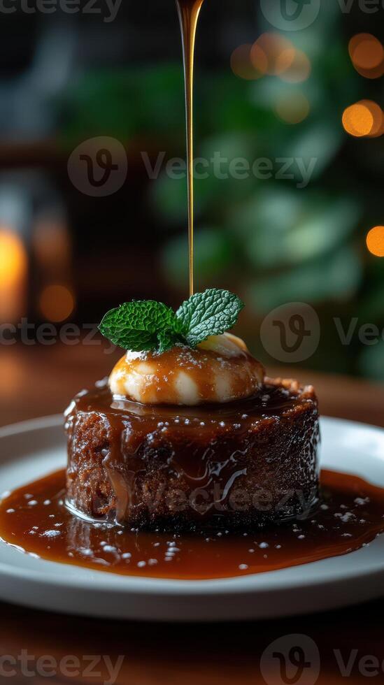 Delicious dessert being served with syrup on a plate in a cozy setting with ambient lighting photo