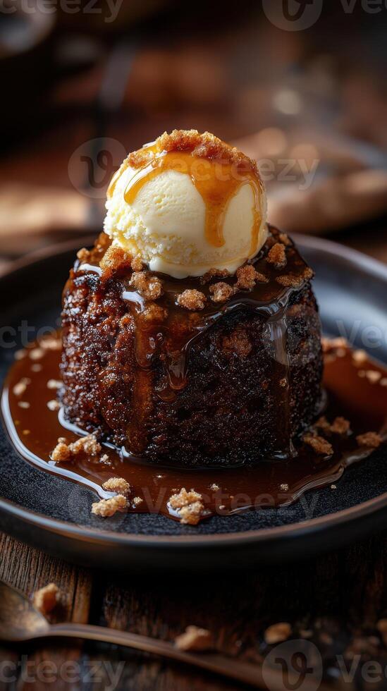 Warm dessert with caramel sauce and vanilla ice cream served on a rustic wooden table at a cozy restaurant during evening hours photo