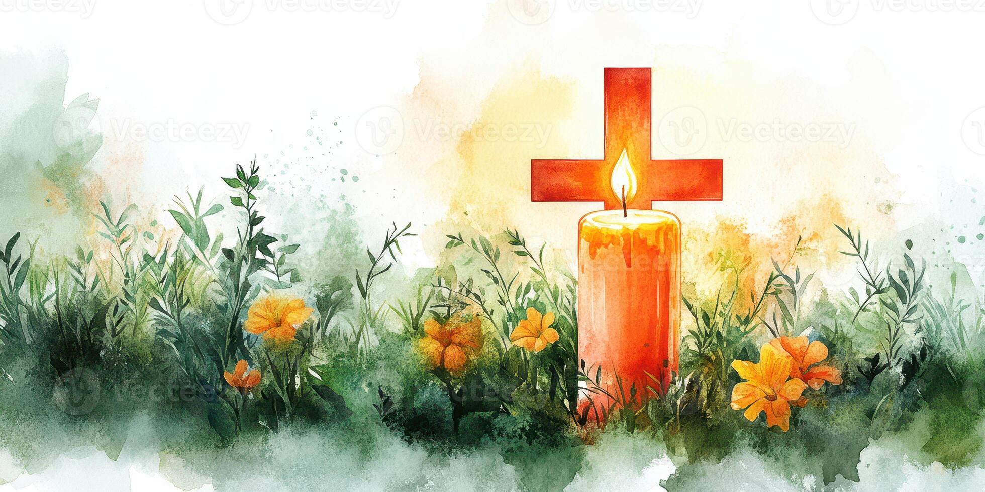 Vibrant memorial candle surrounded by flowers in an outdoor setting at dusk photo