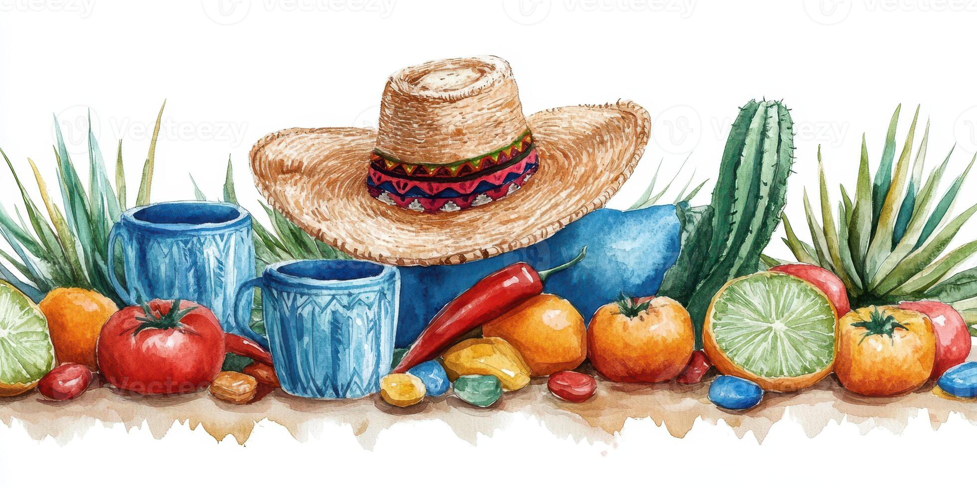 Colorful still life with fruits, hat, and traditional items on a rustic table photo