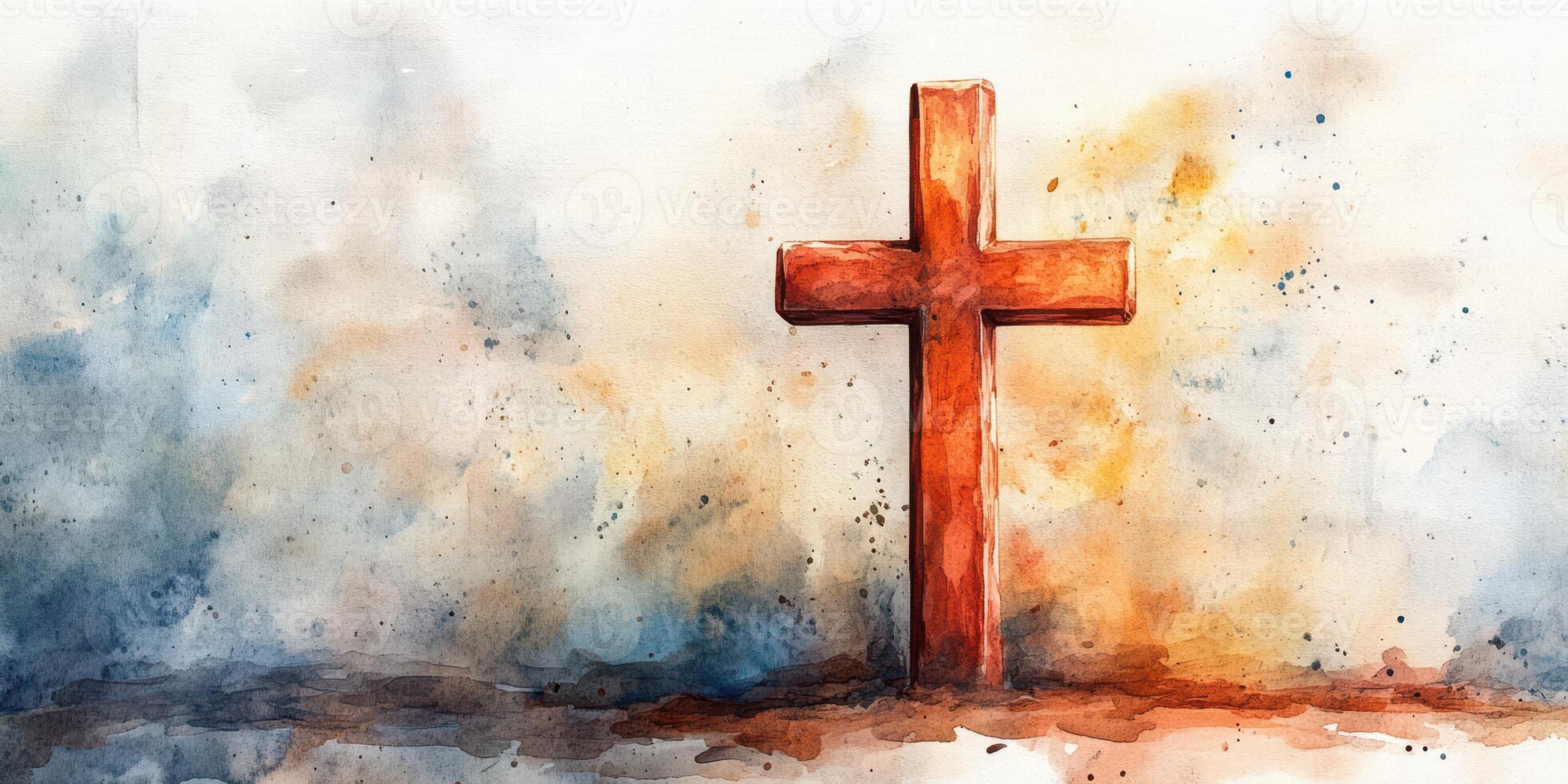 Vibrant watercolor cross stands against a backdrop of soft hues capturing a moment of reflection and spirituality photo