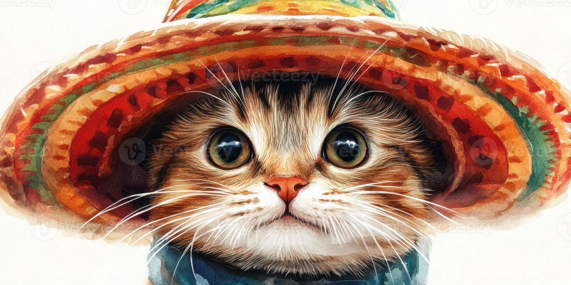 Adorable cat wearing a colorful sombrero with a curious expression in a light-hearted setting photo