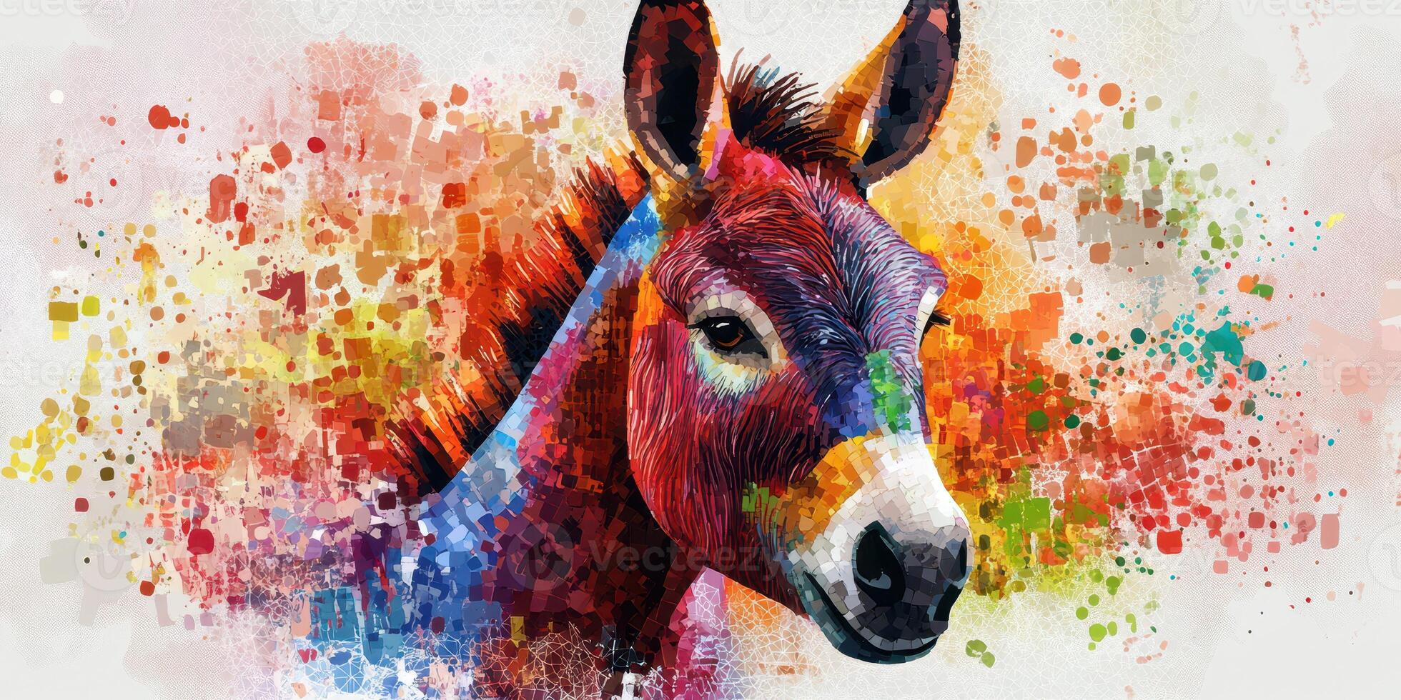 Colorful artistic representation of a donkey on a vibrant abstract background with geometric patterns photo