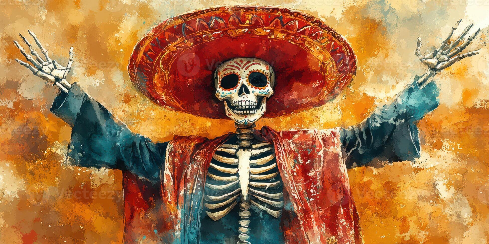 Celebrating life with a skeleton in a vibrant sombrero during a festive occasion in a colorful setting photo