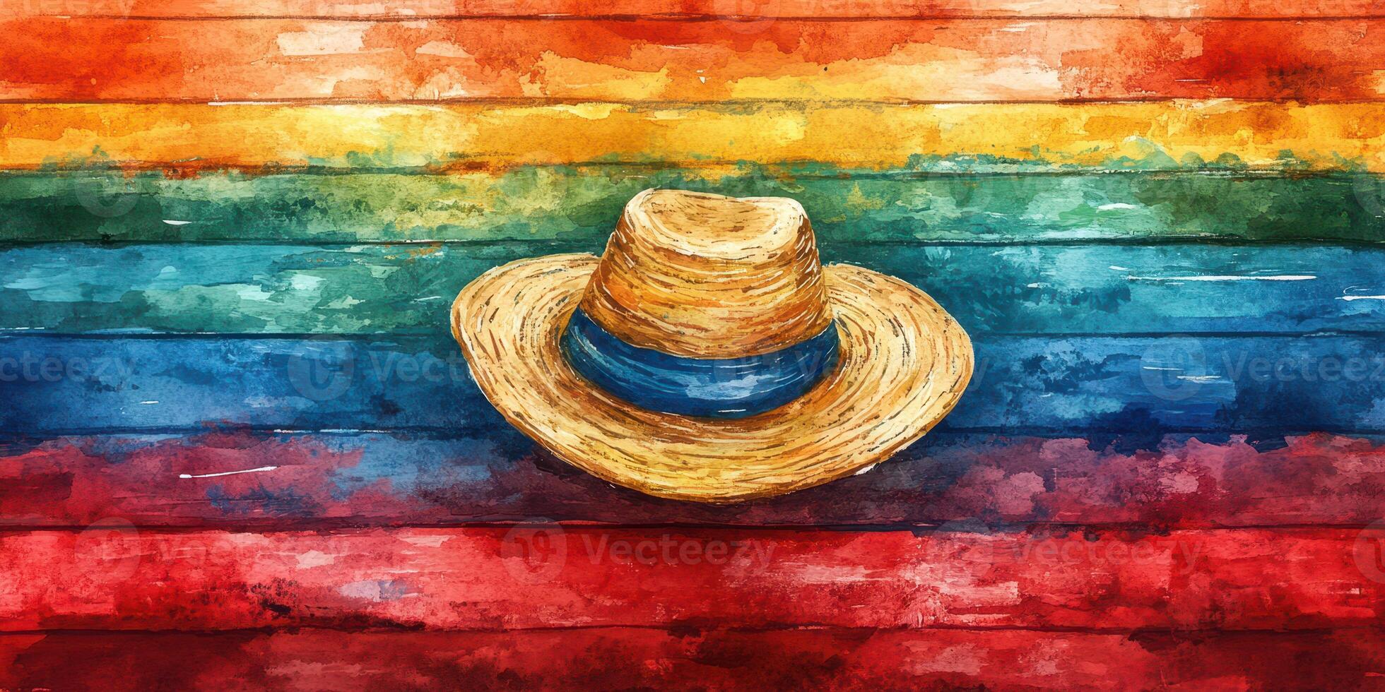Colorful wooden background with a straw hat as a vibrant focal point in a summery setting photo