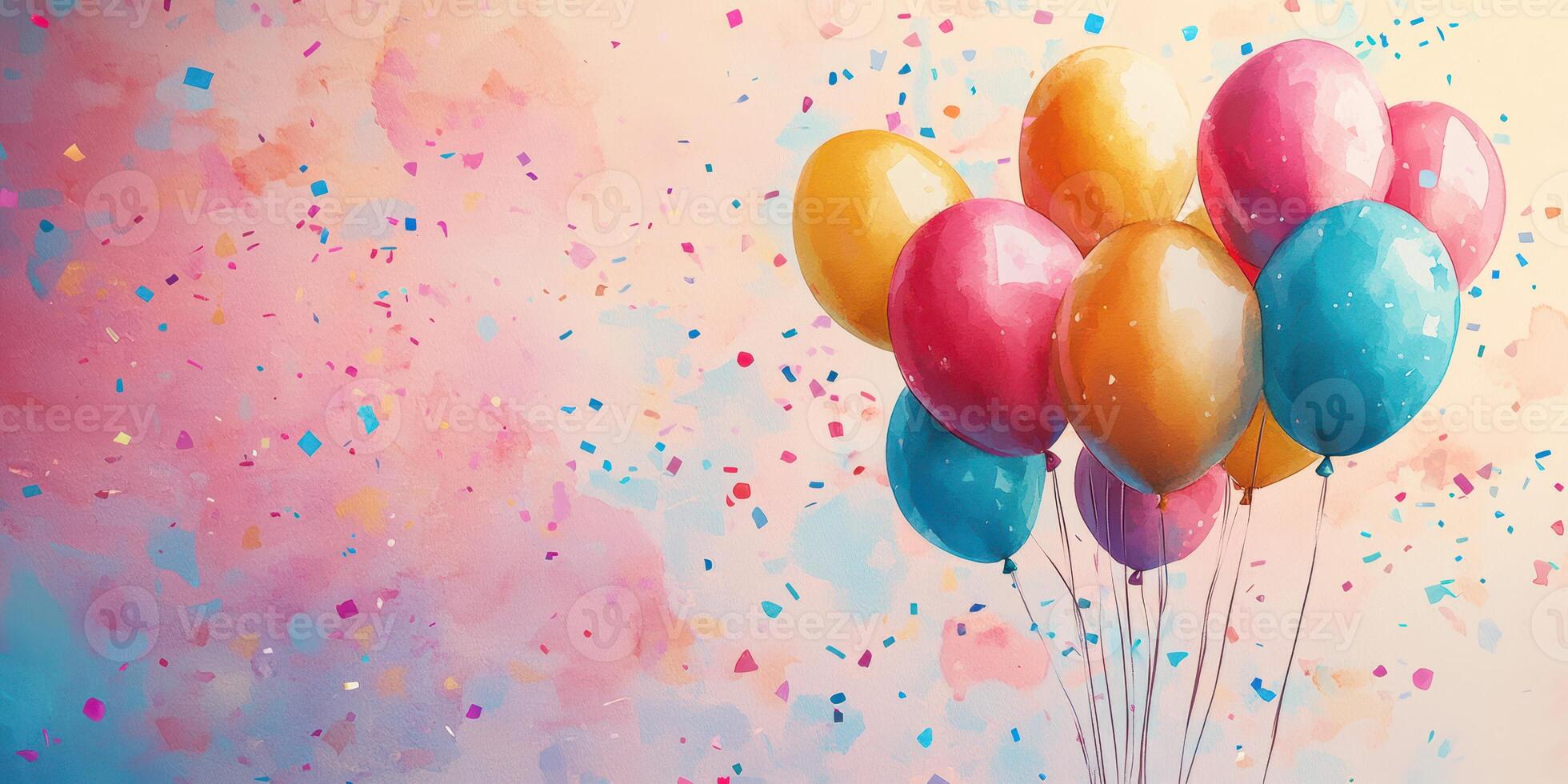 Colorful balloons against a vibrant background with confetti for a celebratory atmosphere at a festive gathering photo