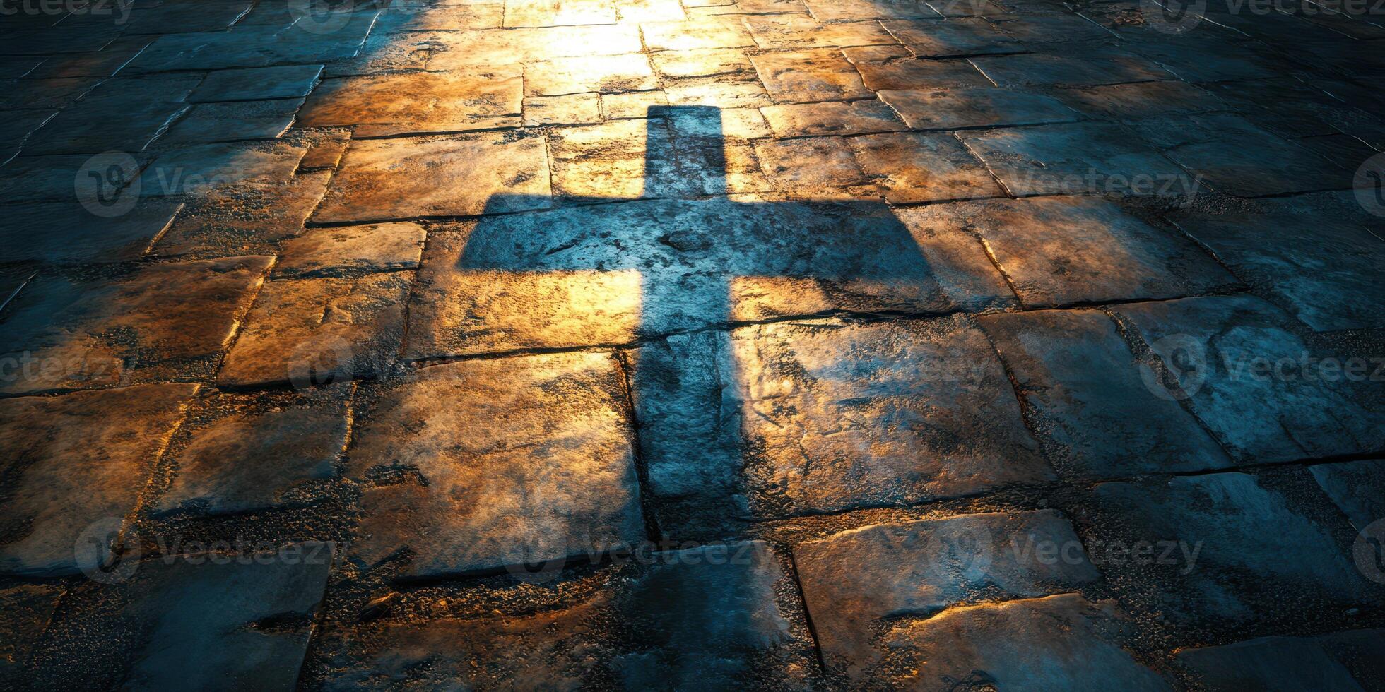Light casts a cross shadow on textured stone surface in a solemn setting photo