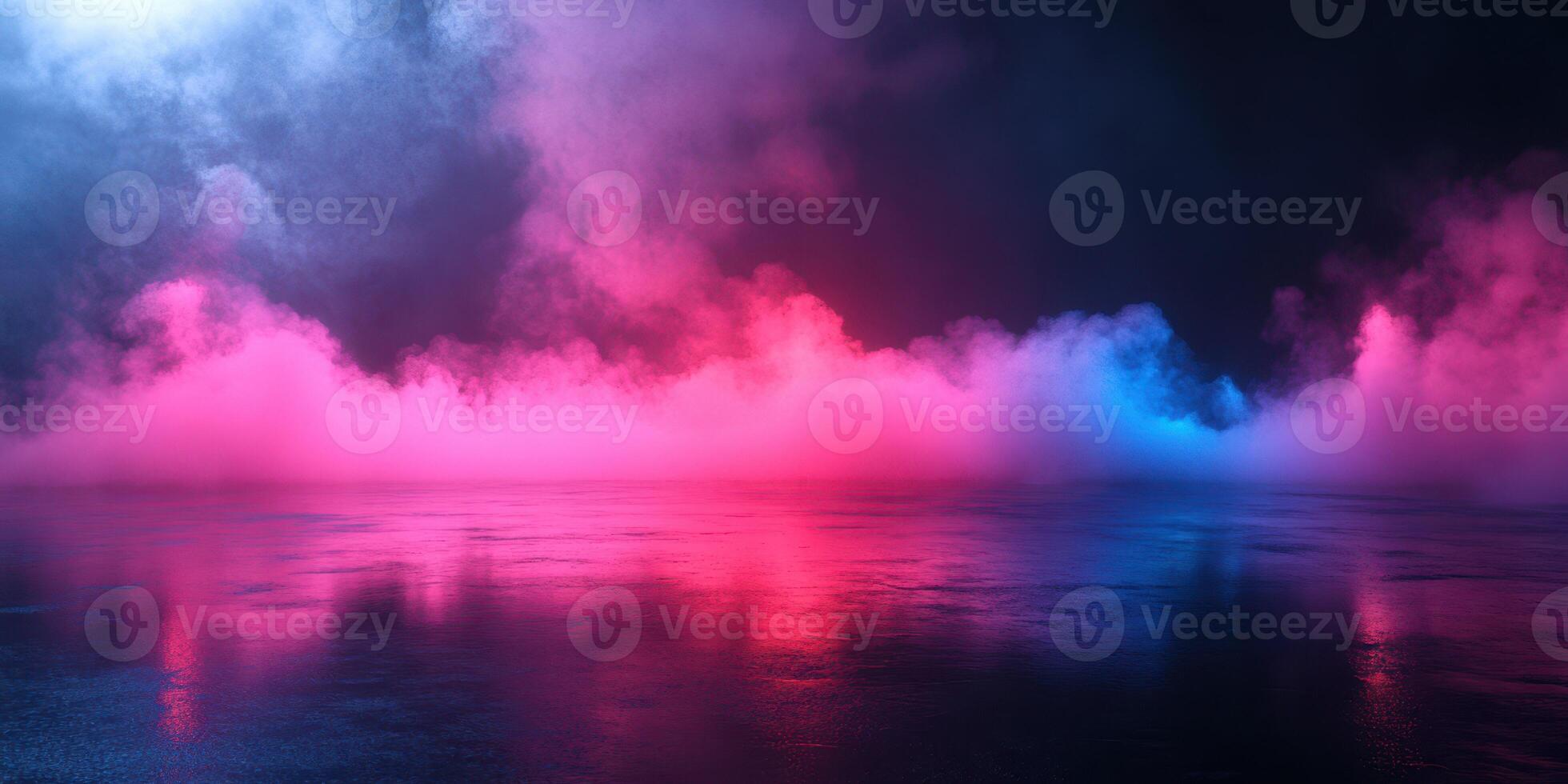 Colorful smoke and mist create an ethereal atmosphere over a reflective surface at night photo
