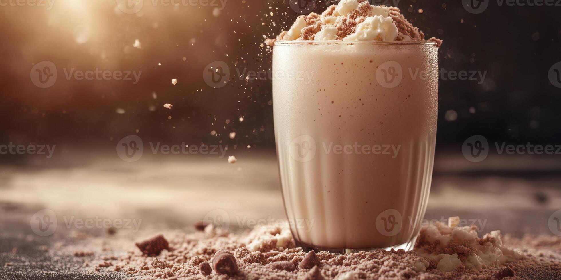 Creamy beverage topped with whipped cream and dusted with cocoa sits surrounded by scattered crumbs photo