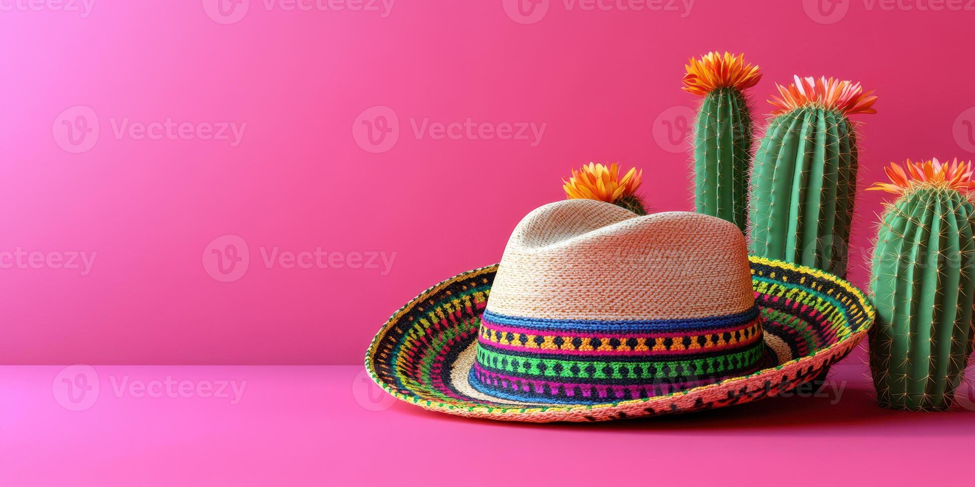 Colorful sombrero displayed beside cacti with vibrant flowers on a bright pink background during a sunny day photo
