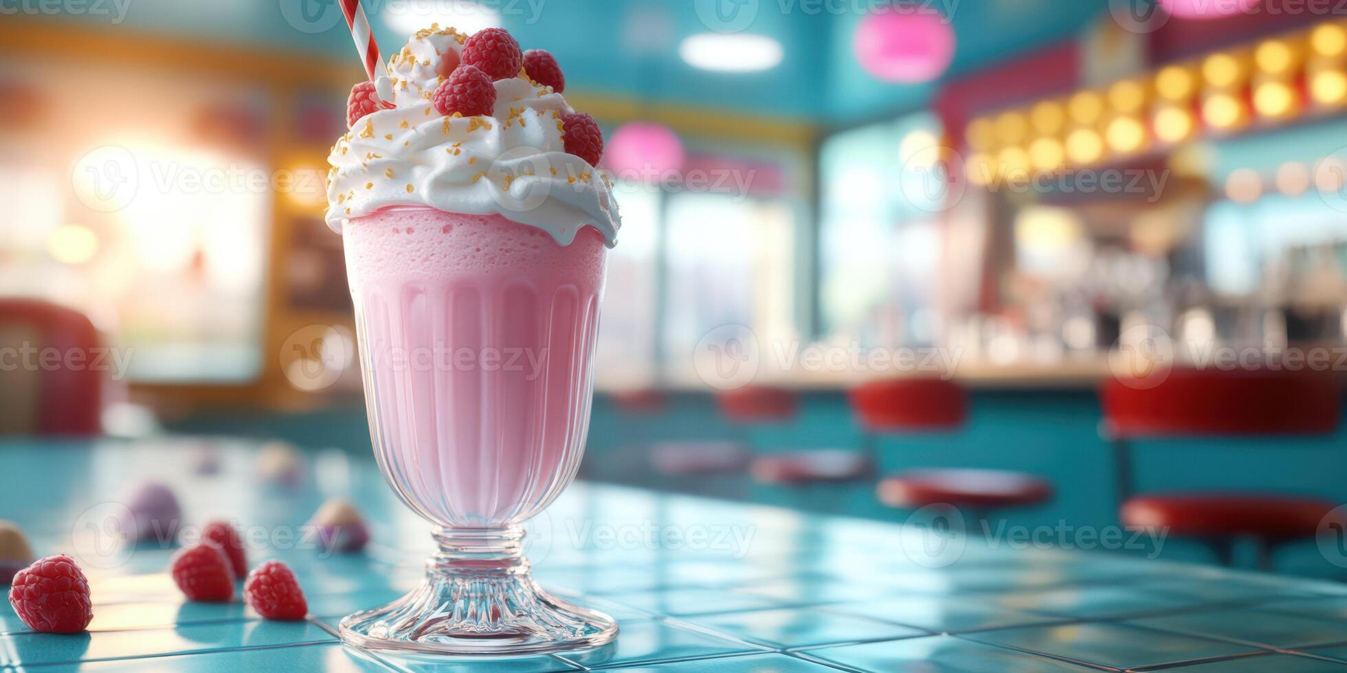 Delicious pink milkshake topped with whipped cream and raspberries in a colorful retro diner setting photo