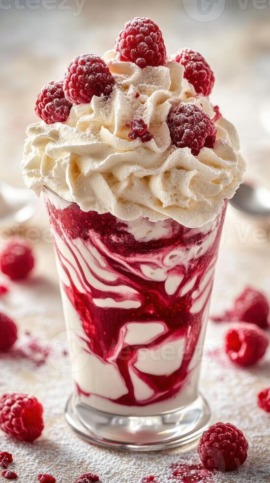 Delicious dessert featuring whipped cream and raspberry sauce served in a glass on a textured surface photo