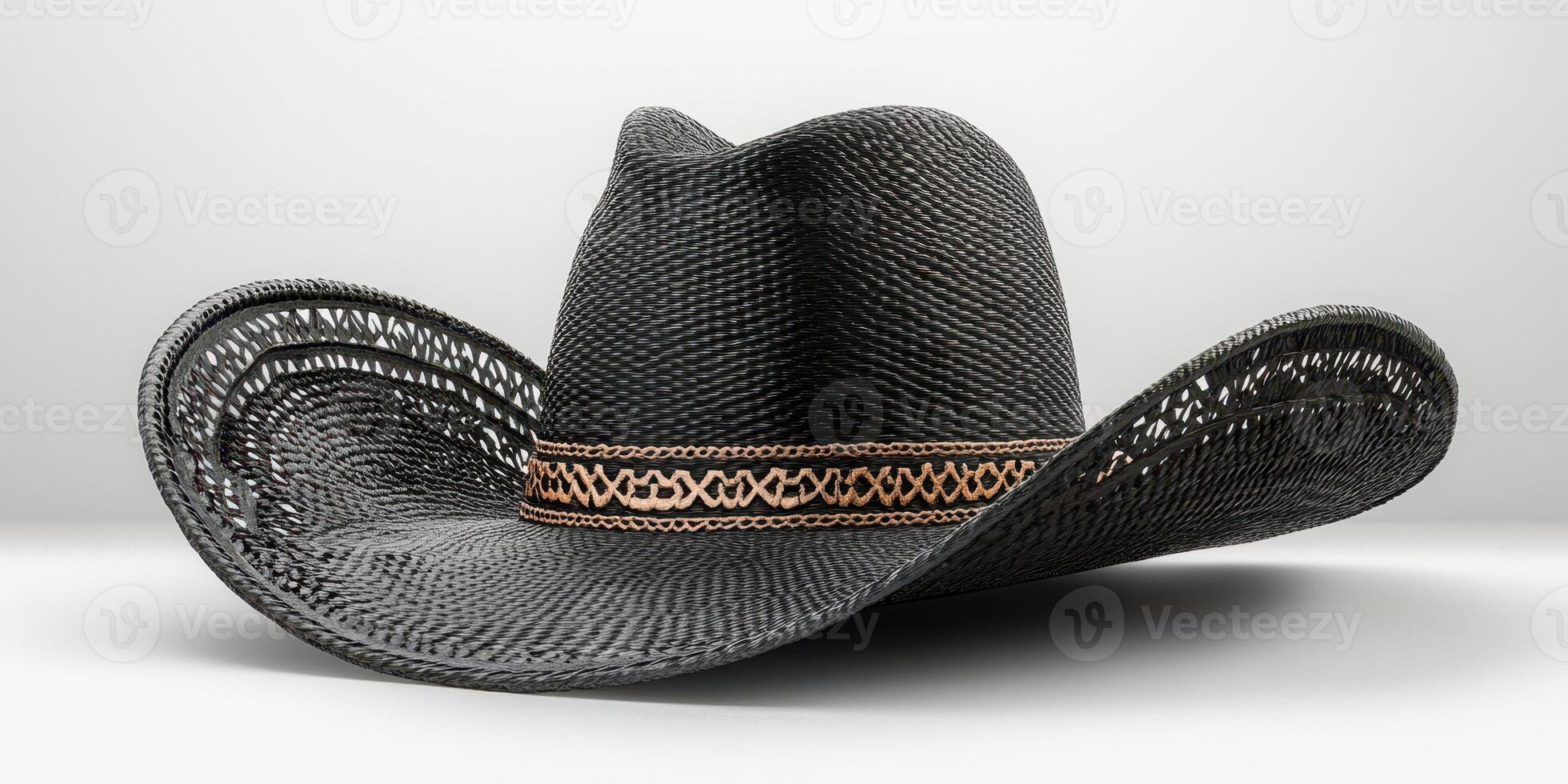 Traditional black straw cowboy hat showcasing intricate weaving patterns and a decorative band photo