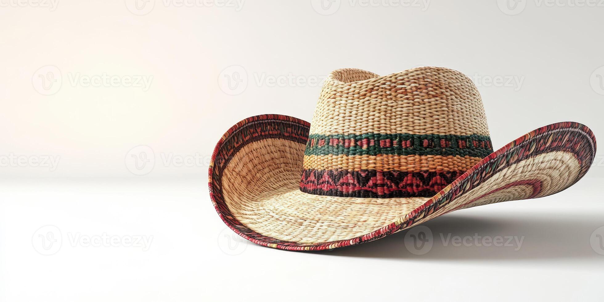 Traditional straw cowboy hat with decorative band displayed on a plain background photo