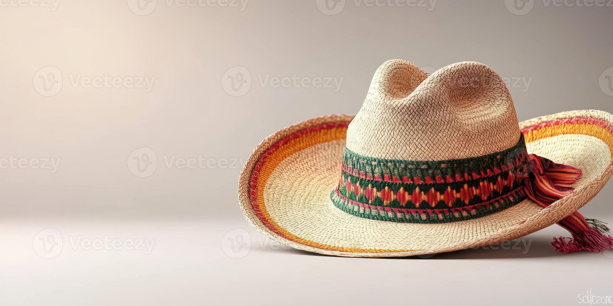 Traditional straw sombrero with vibrant trim displayed against a simple background photo