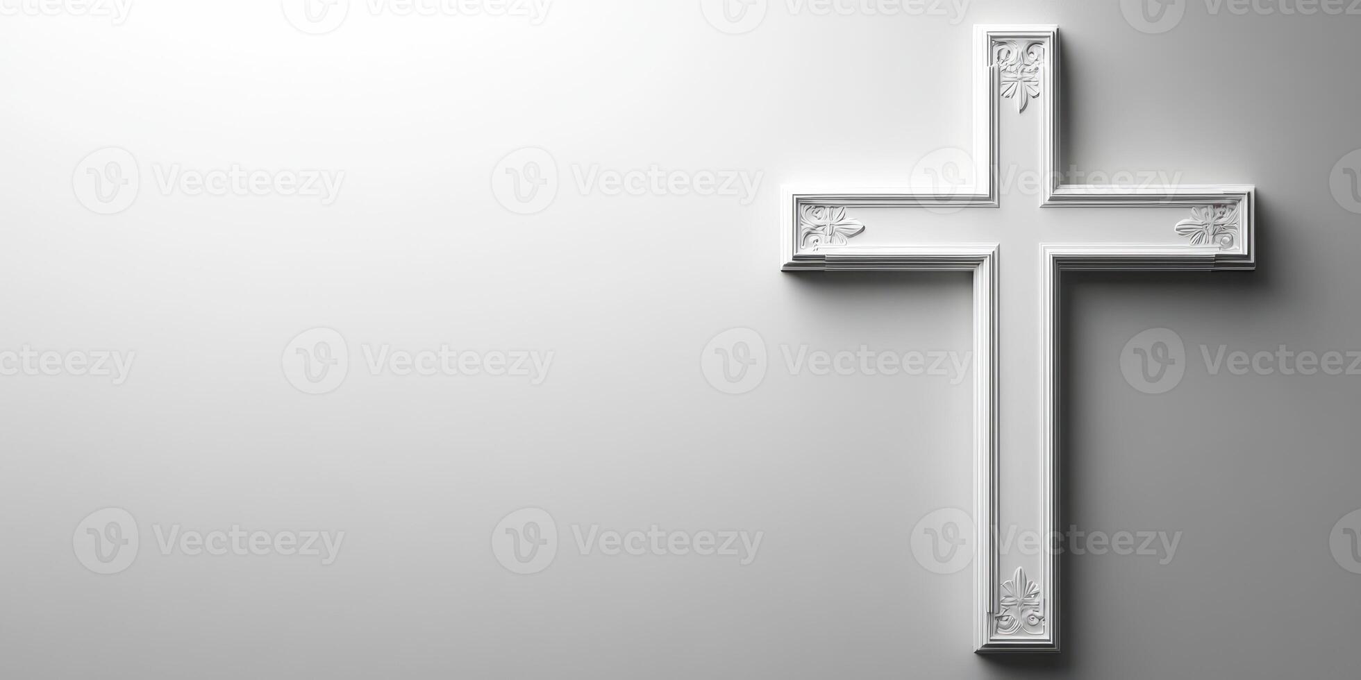 Elegant white cross displayed on a minimalist wall, symbolizing faith and spirituality in a serene setting photo