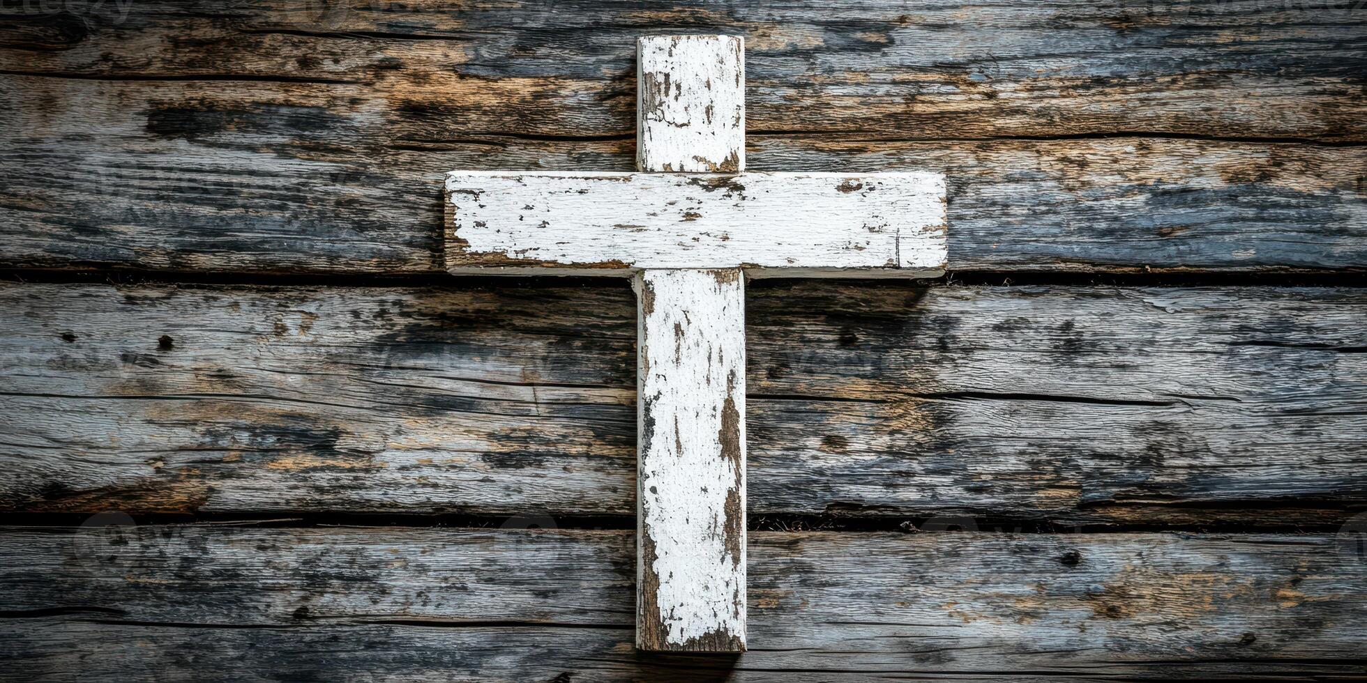 Weathered white wooden cross mounted on distressed wooden wall demonstrating rustic decor photo