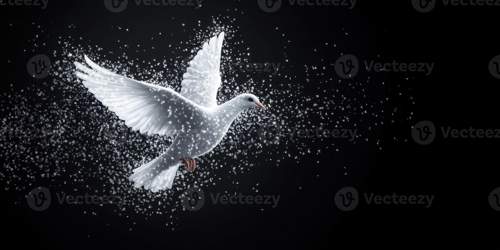 White dove gliding gracefully through a shower of sparkling particles in a dark background photo