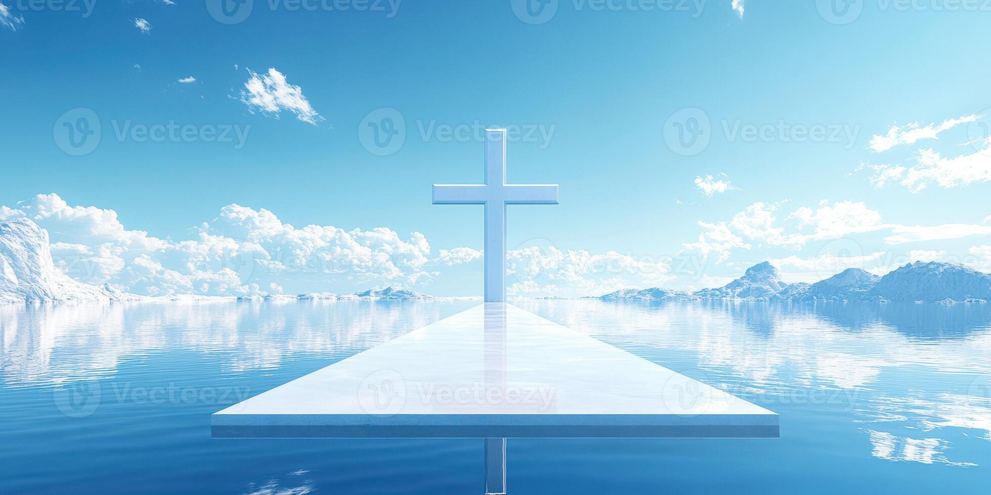 Floating cross in serene waters under a bright, cloudy sky photo