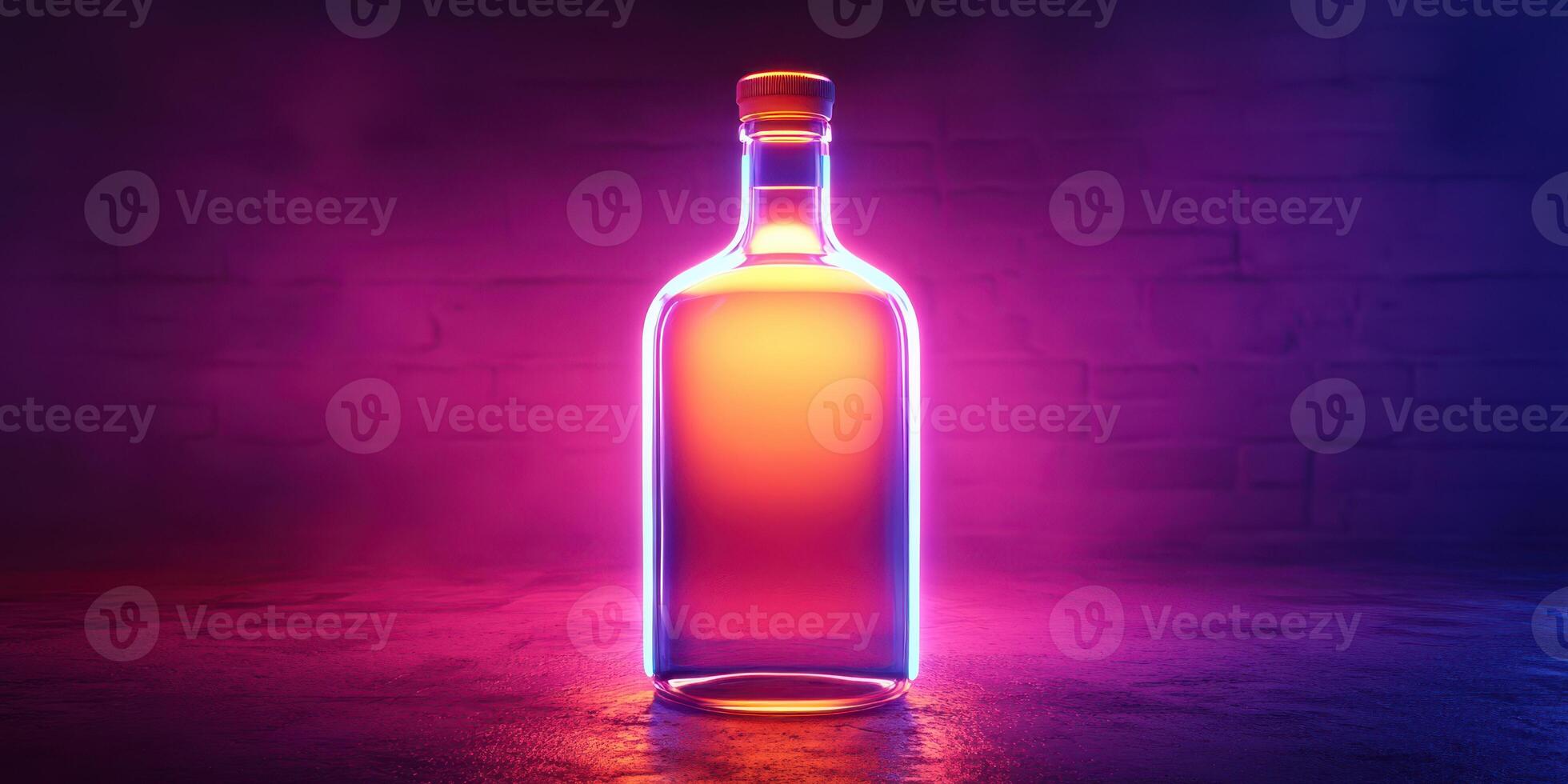 Brightly illuminated glass bottle against a colorful backdrop in a creative art setting photo
