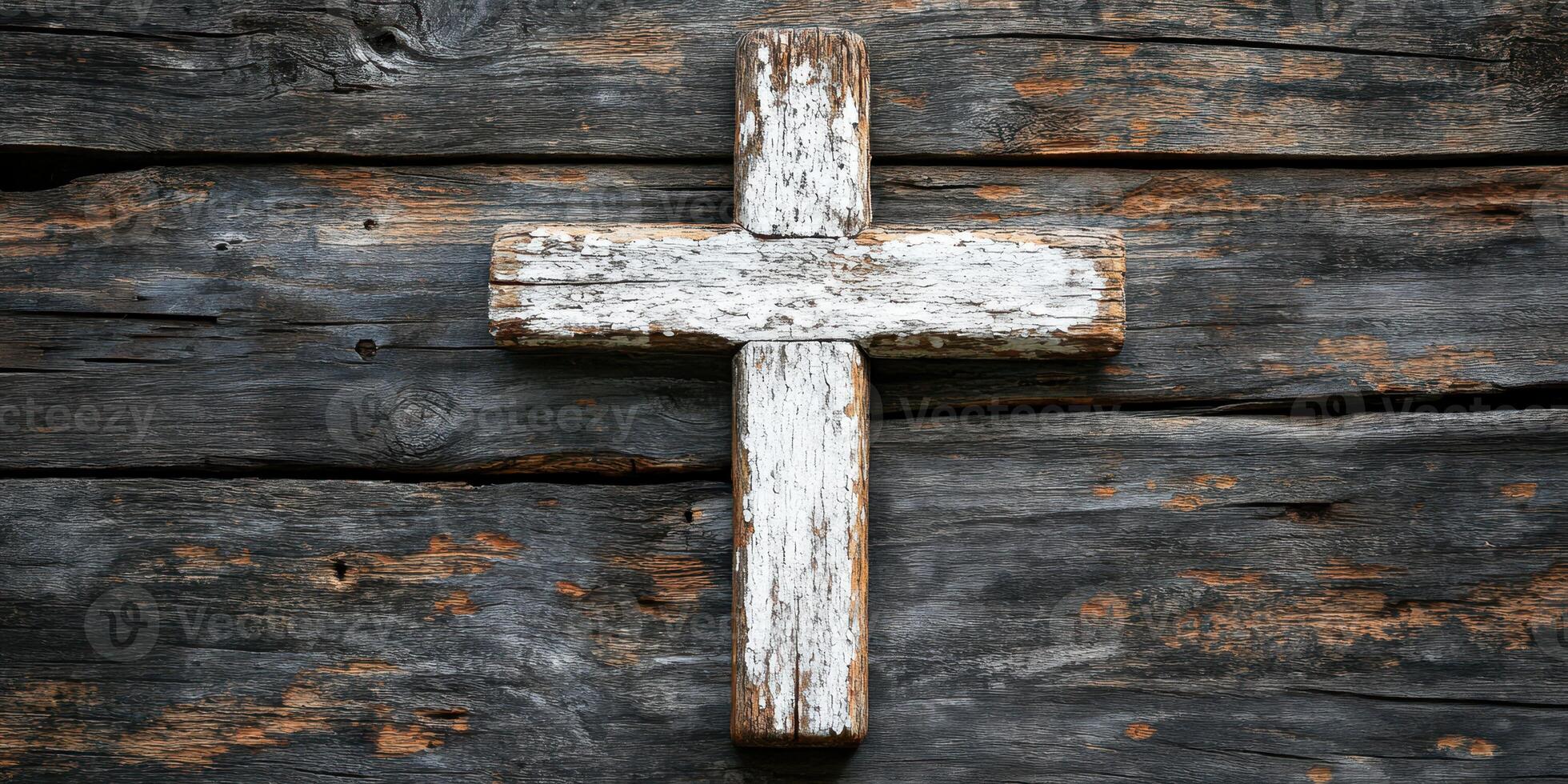 Rustic wooden cross displayed on weathered wooden background showcasing religious symbolism and craftsmanship photo