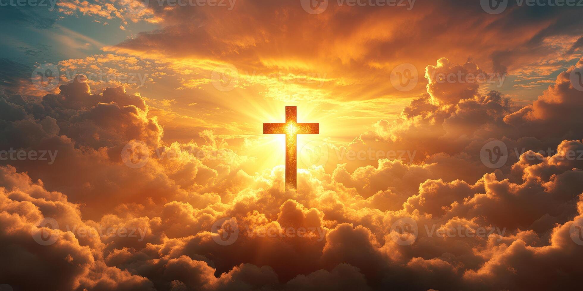 Bright cross illuminated by a radiant sunset among the clouds photo
