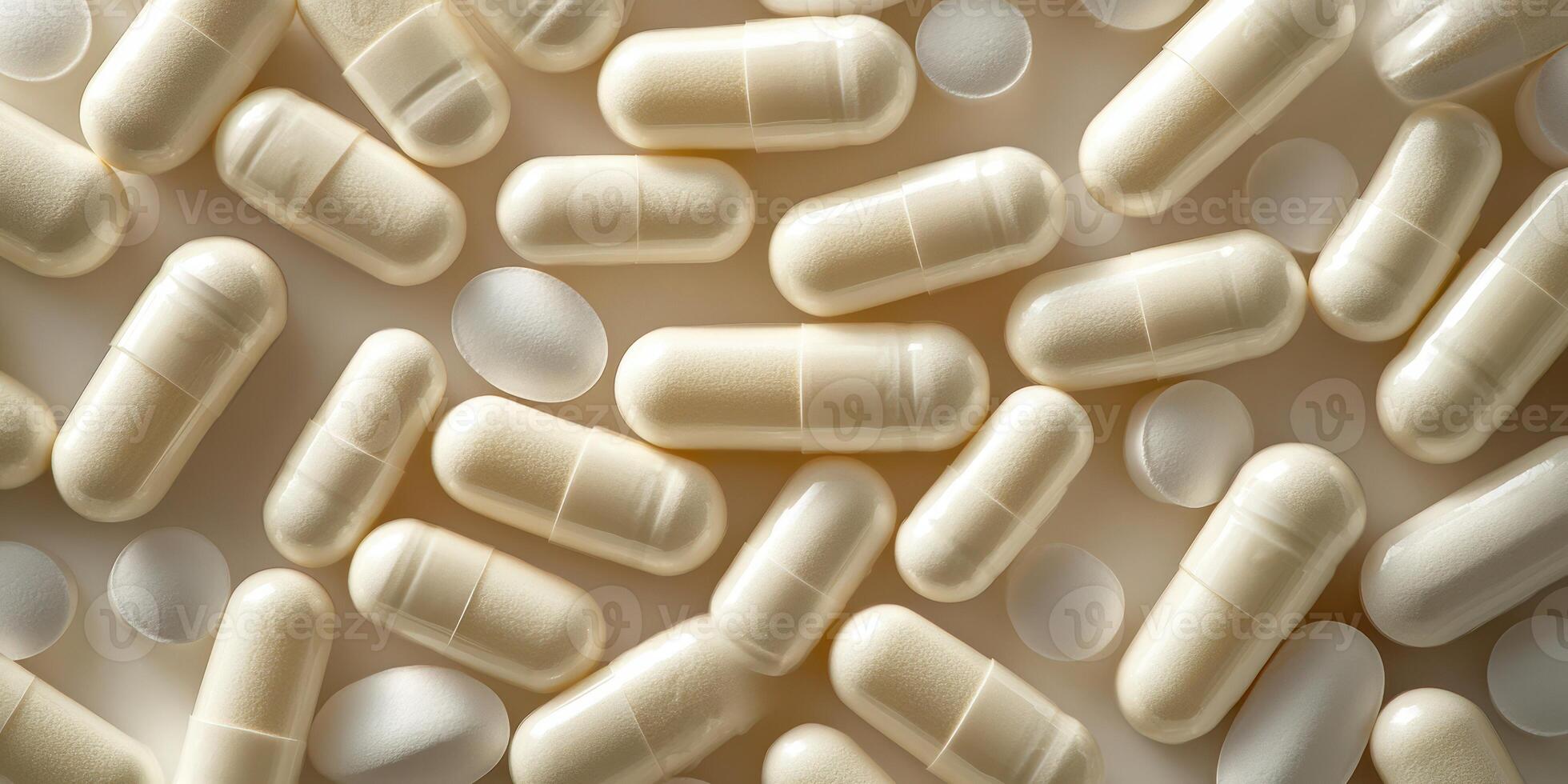 Various capsules and tablets scattered on a flat surface for vitamin and supplement use photo