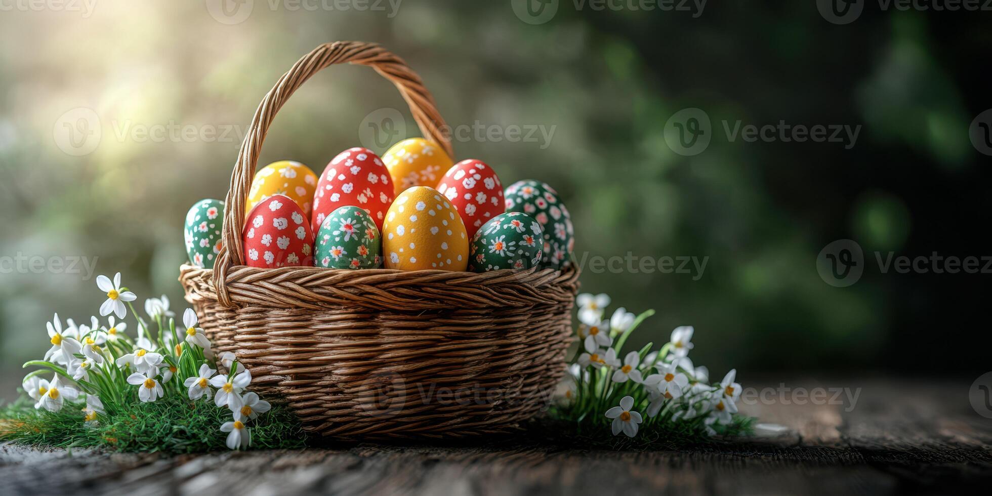 Colorful Easter eggs arranged beautifully in a wicker basket surrounded by spring flowers on a rustic wooden table photo