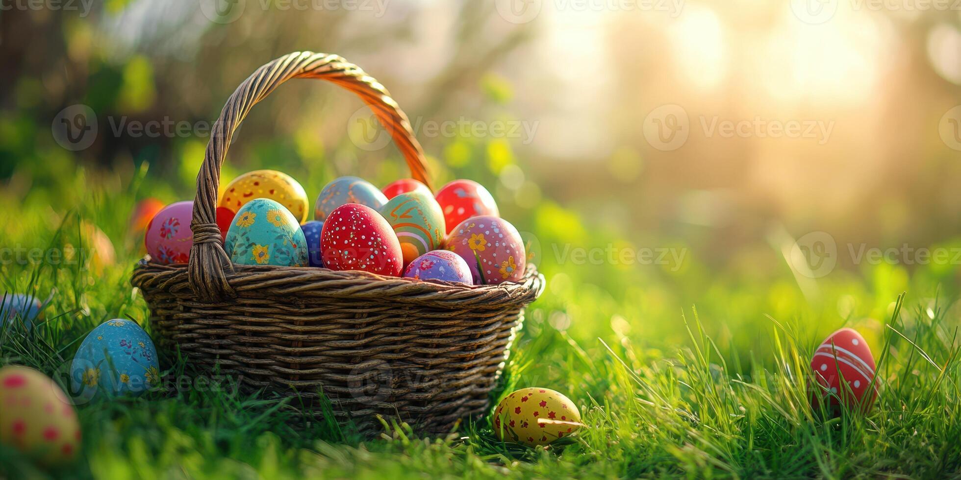 Colorful decorated eggs in a wicker basket on fresh green grass during a sunny spring day photo