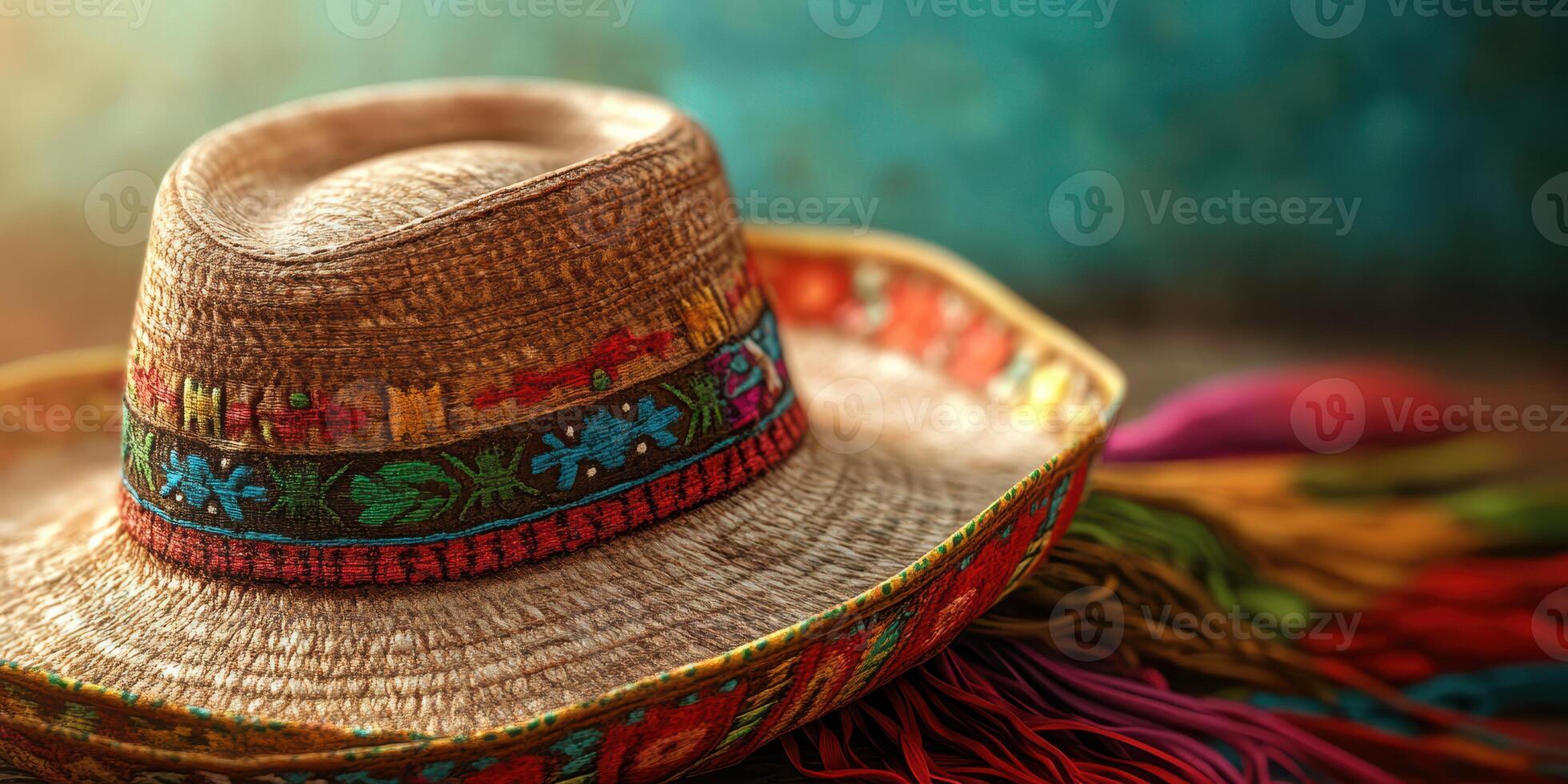 Traditional woven hat with vibrant colors and intricate details displayed on a colorful background in a warm, inviting light photo