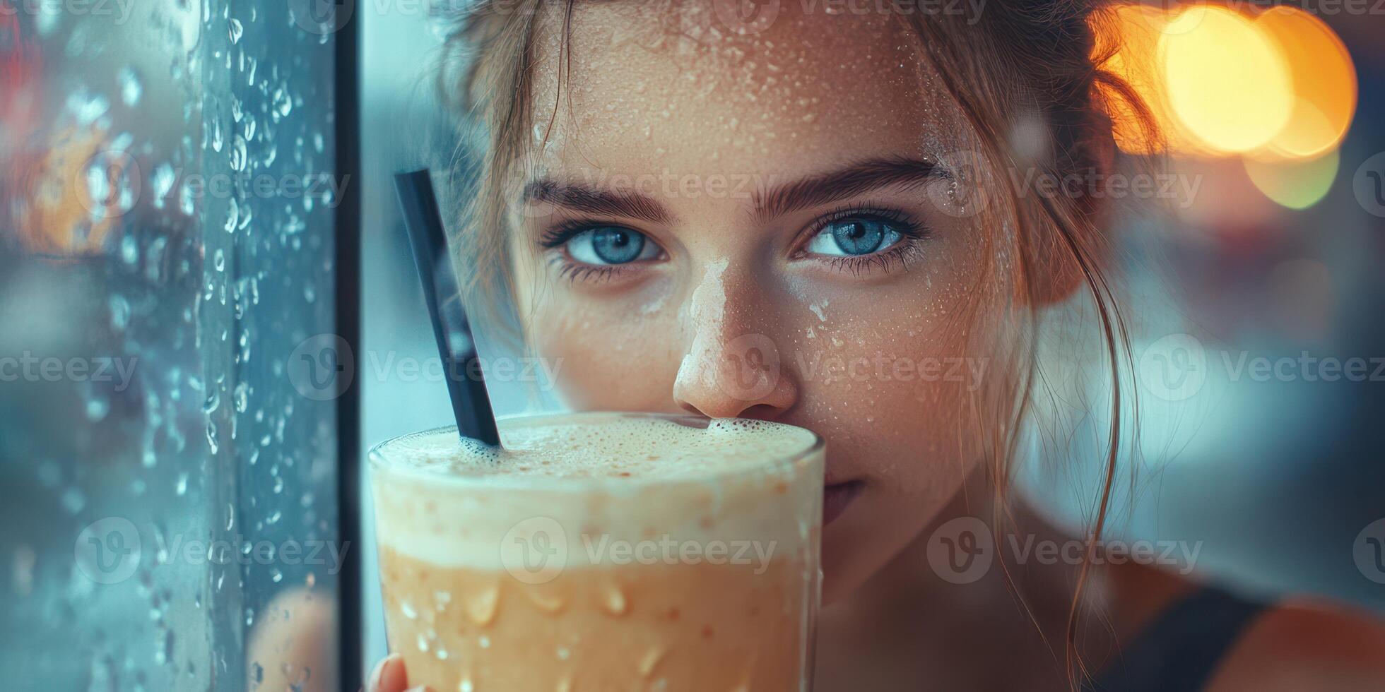 Young woman enjoys a creamy drink while gazing through a rain-soaked window in a cozy cafe photo