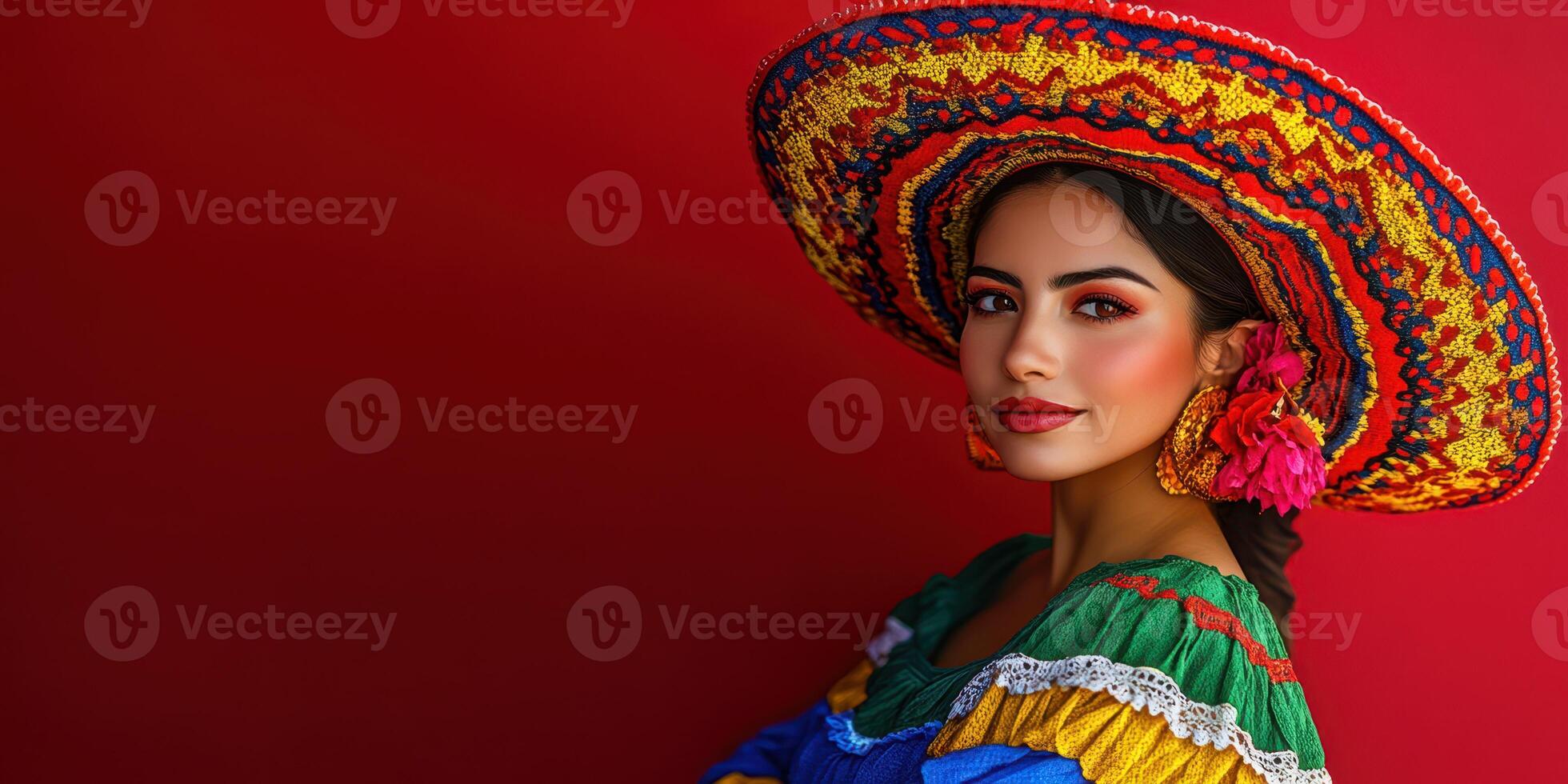 Colorful traditional attire adorned by a woman with a vibrant sombrero, showcasing cultural heritage in a bold setting photo