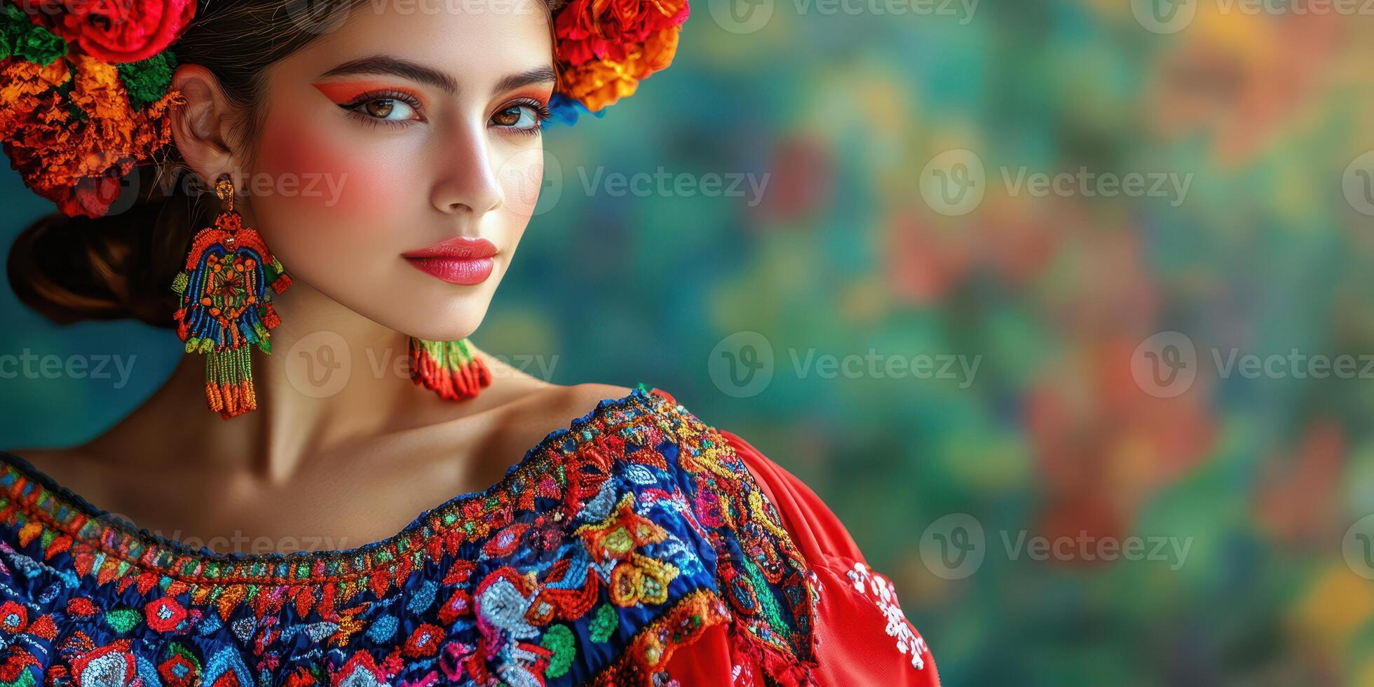 Traditional attire displayed by a woman with colorful floral accessories in a vibrant setting during a cultural celebration photo