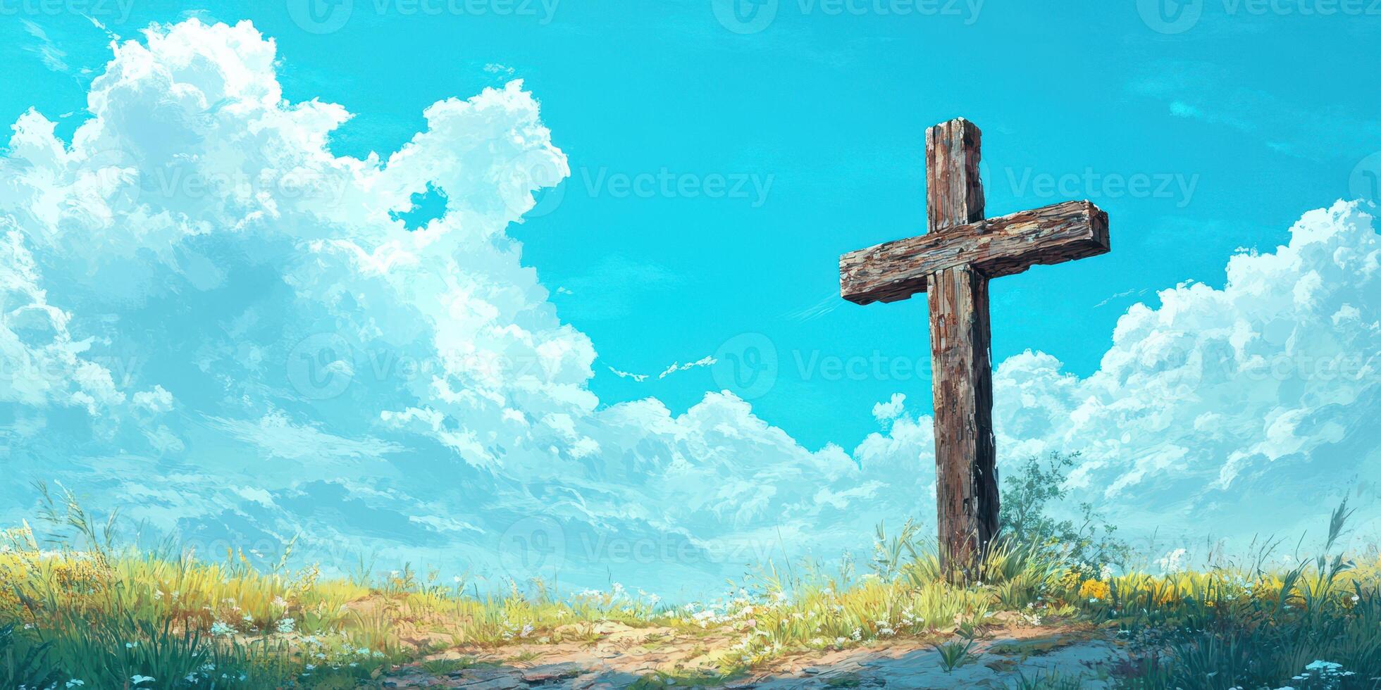 Wooden cross stands alone in a grassy landscape under a clear blue sky with fluffy clouds photo