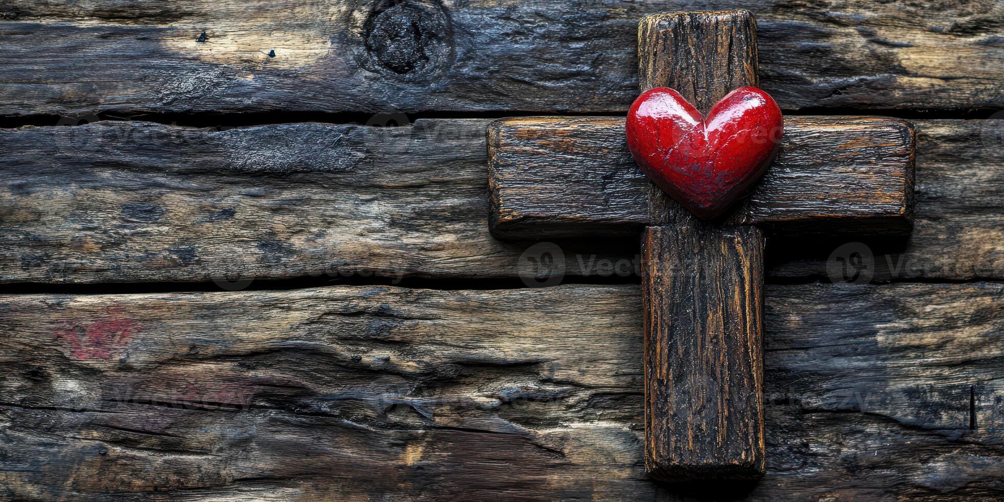 Heart adorned wooden cross resting on rustic wooden surface, symbolizing love and faith in a spiritual context photo