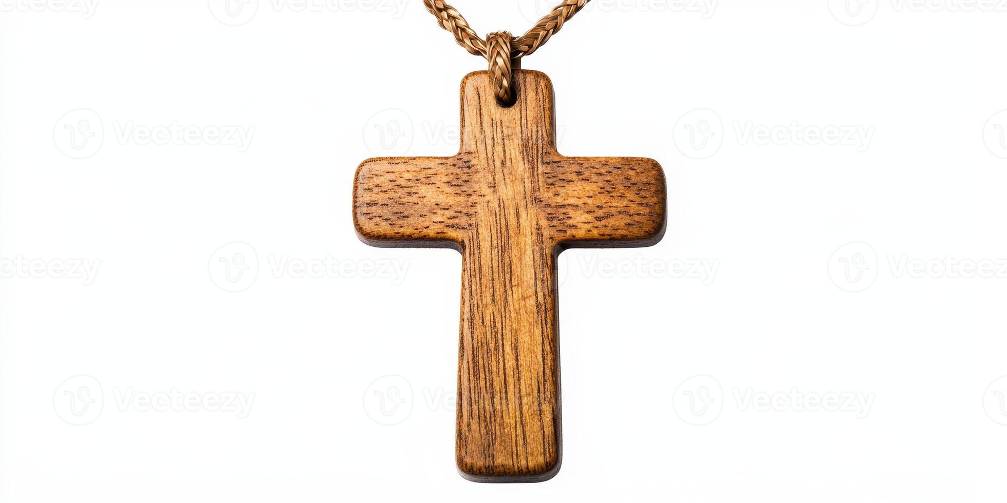 Wooden cross pendant on a simple chain displayed against a white background highlighting its craftsmanship and natural texture photo