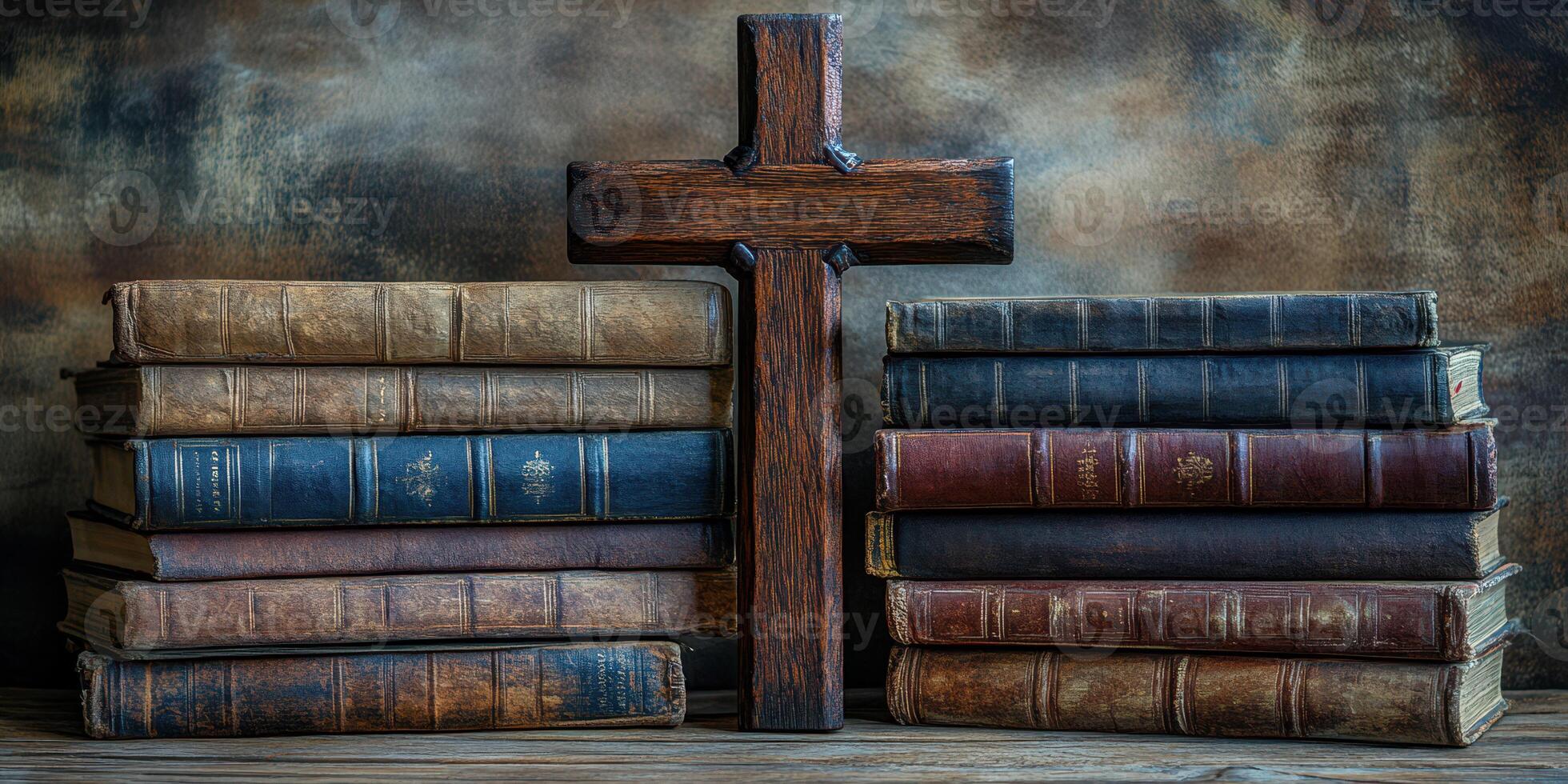 Collection of old books with a wooden cross on display in a serene environment photo
