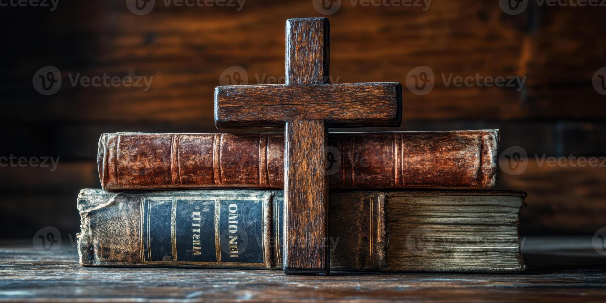 Books stacked with a wooden cross in a serene, rustic setting showcasing religious faith and heritage photo