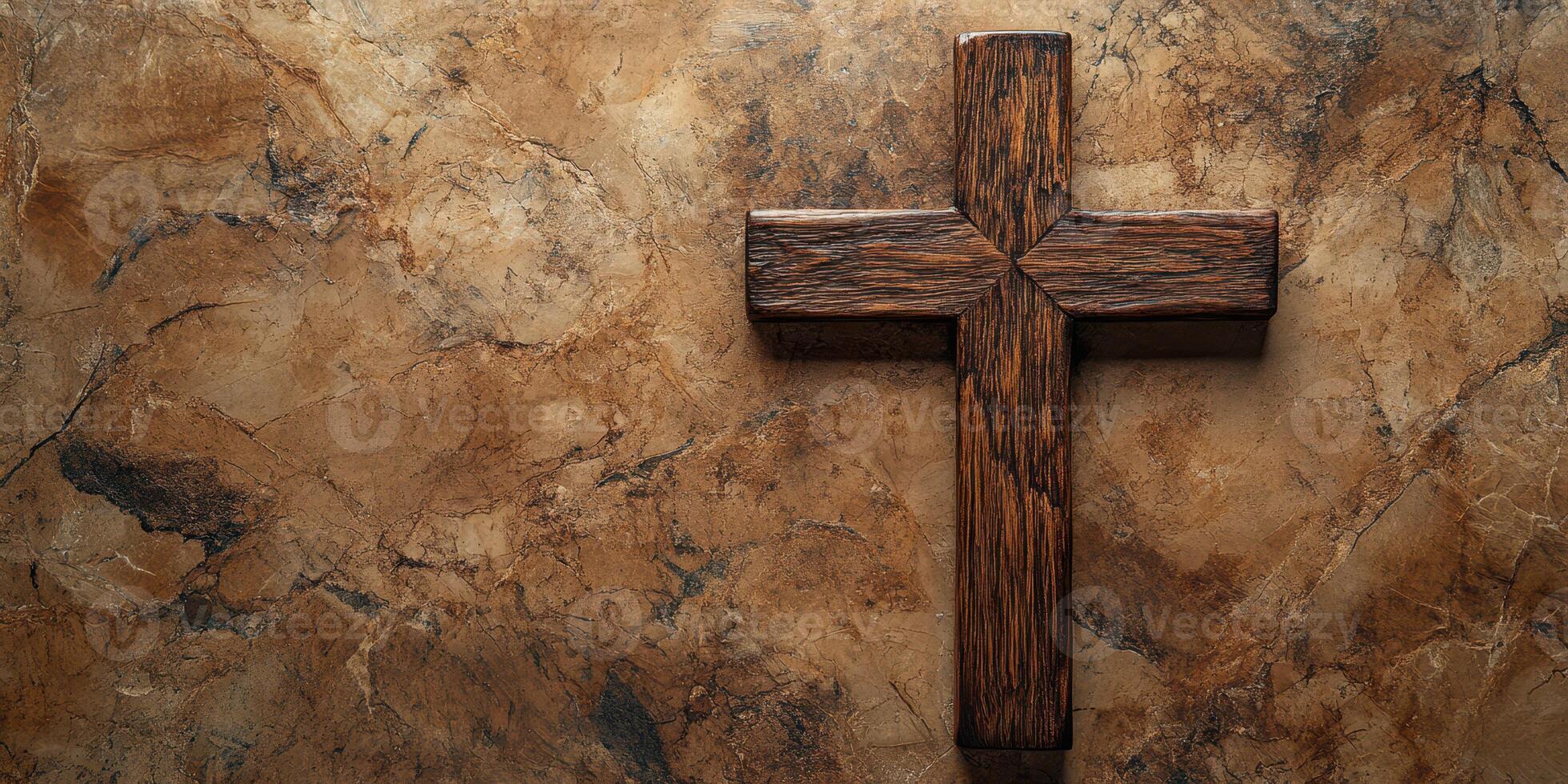 Wooden cross placed on a textured stone background representing faith and spirituality in a serene setting photo