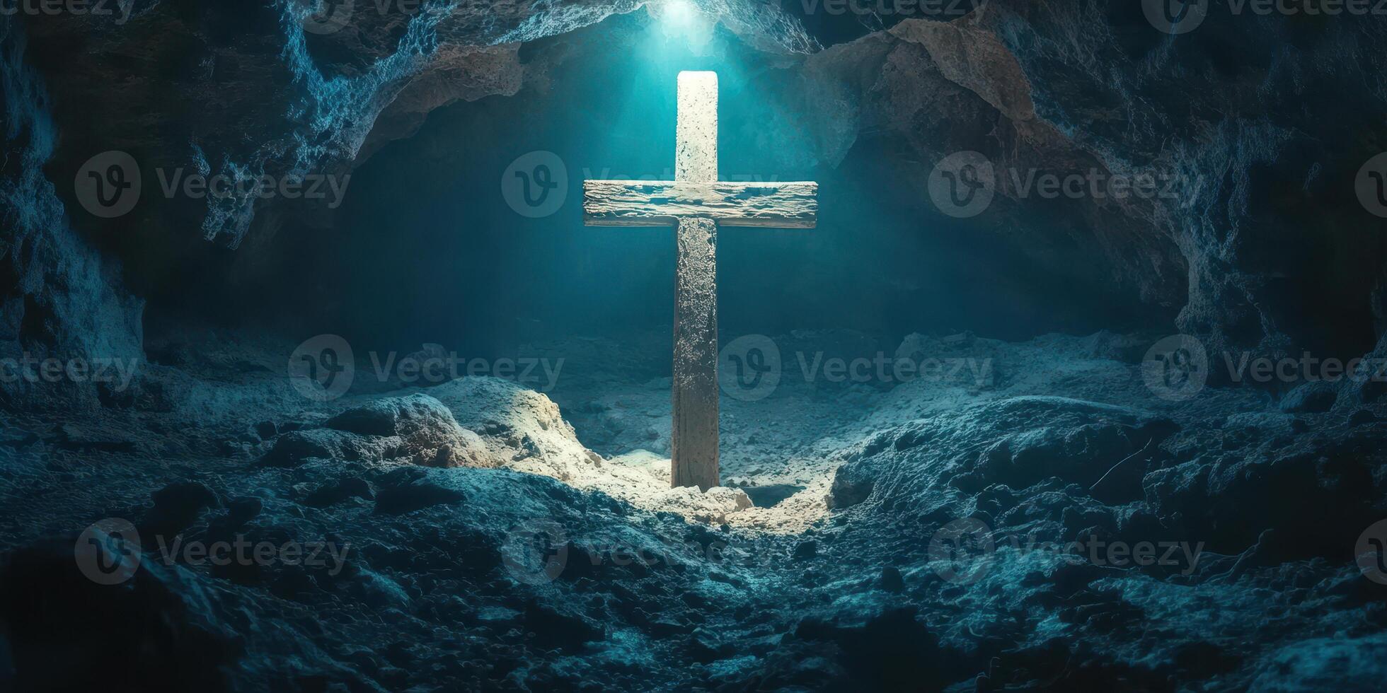 Cross illuminated in a dark cave, symbolizing faith and exploration in a serene underwater environment photo