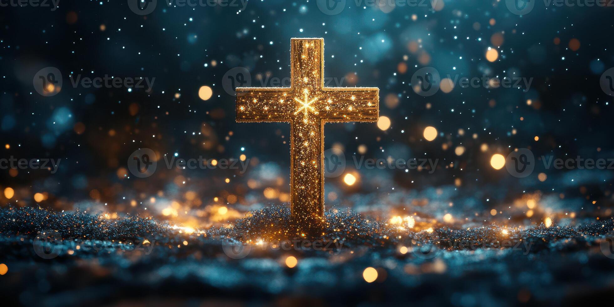 Golden cross surrounded by glowing lights and shimmering particles in a dark setting photo
