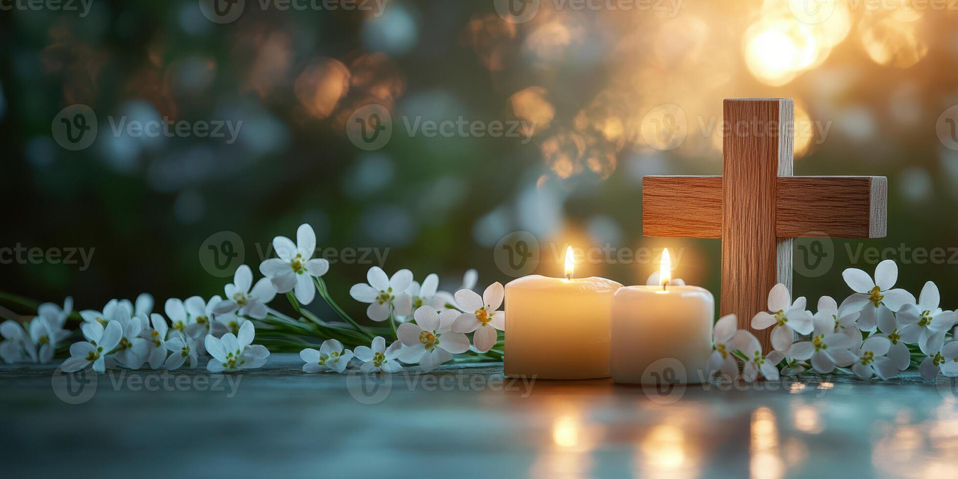 Warm candles and a wooden cross with flowers during an intimate evening gathering photo