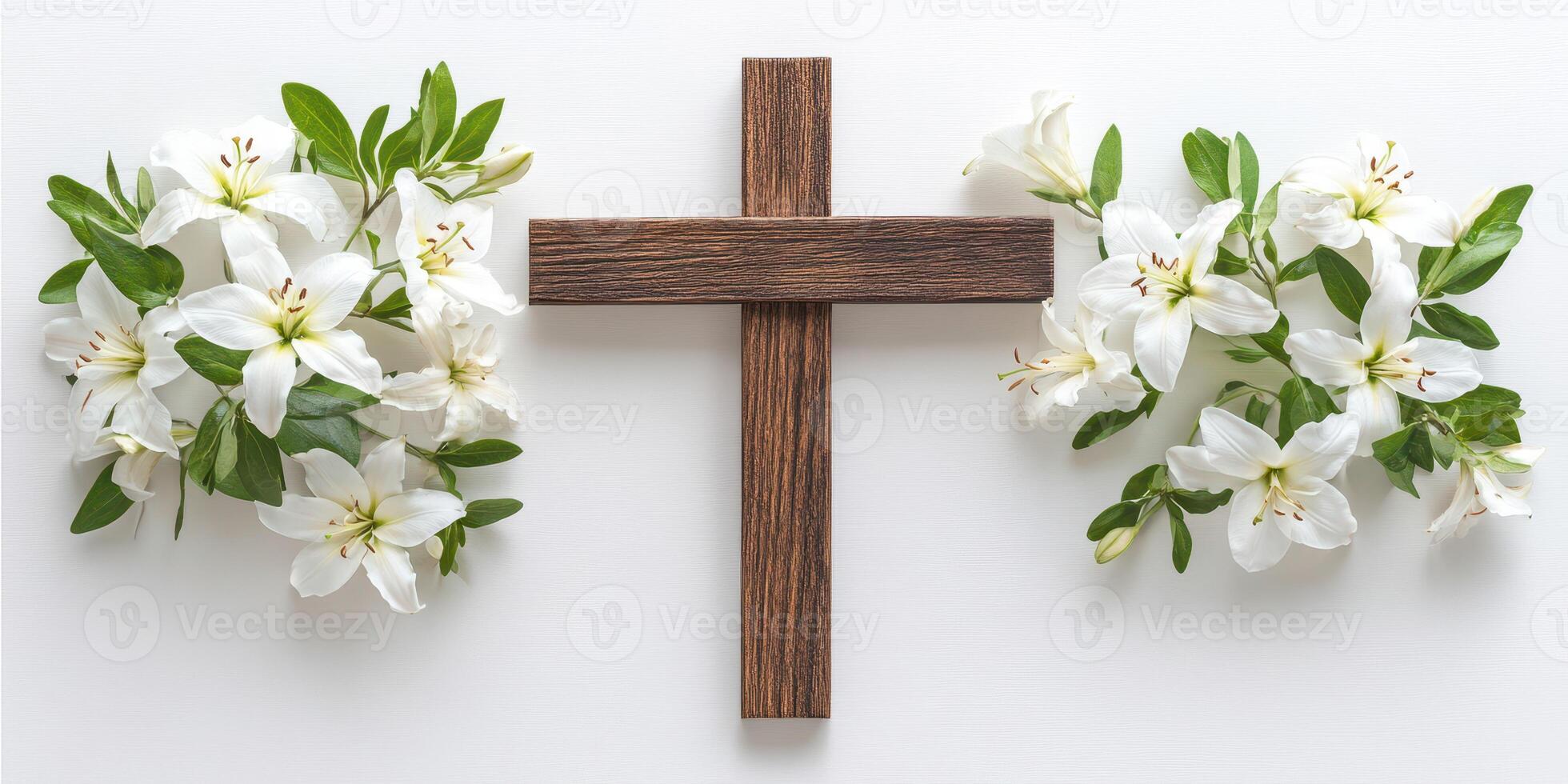 Elegant wooden cross surrounded by white flowers on a clean surface for a spiritual or memorial setting photo