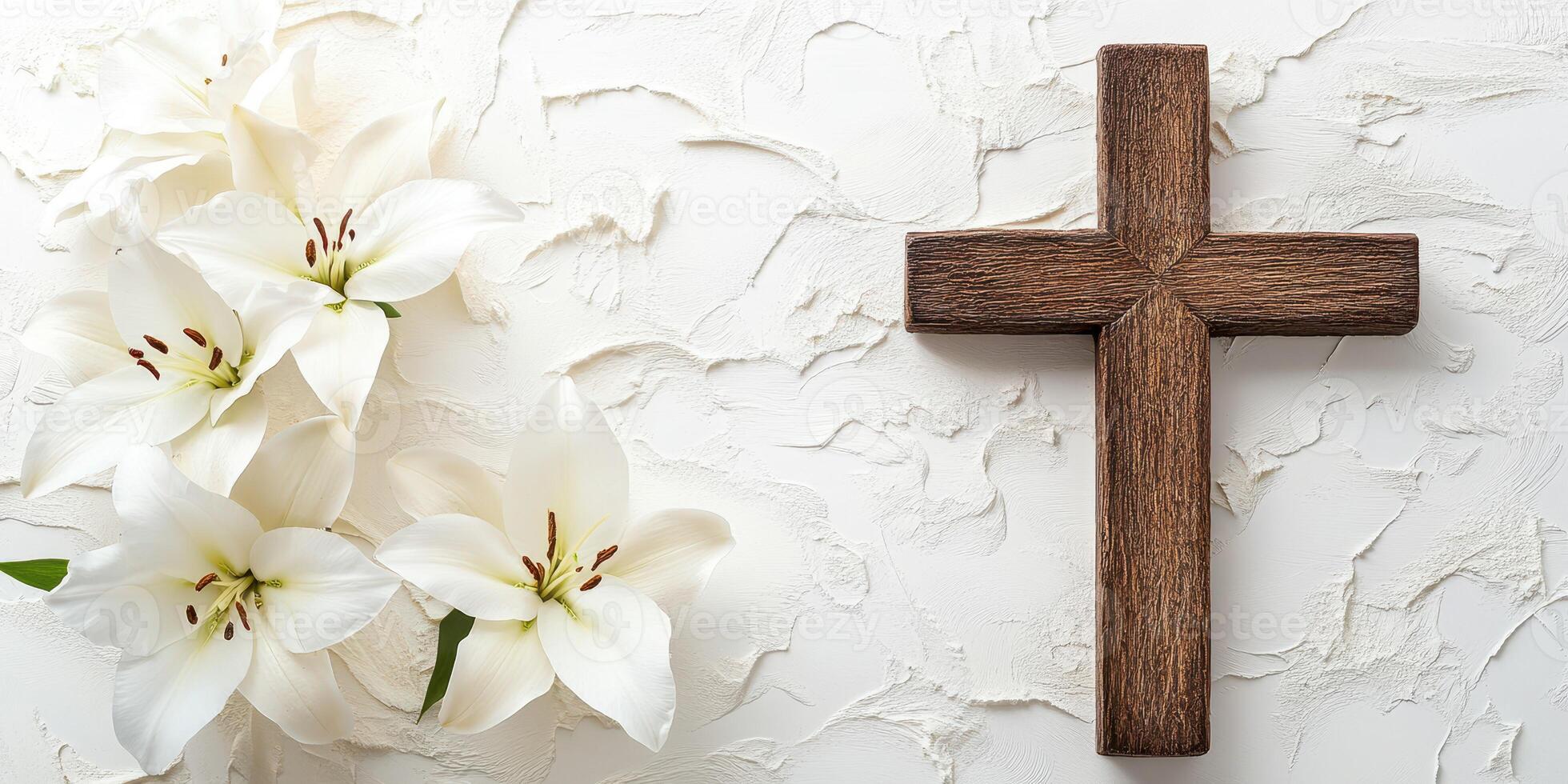 Simple wooden cross with white lilies on textured background for spiritual reflection and decoration photo