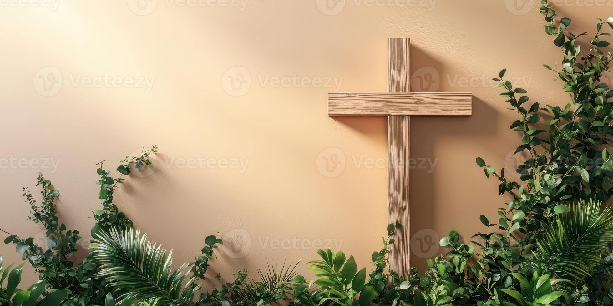 Wooden cross surrounded by lush greenery on a warm wall setting in a serene and peaceful environment photo
