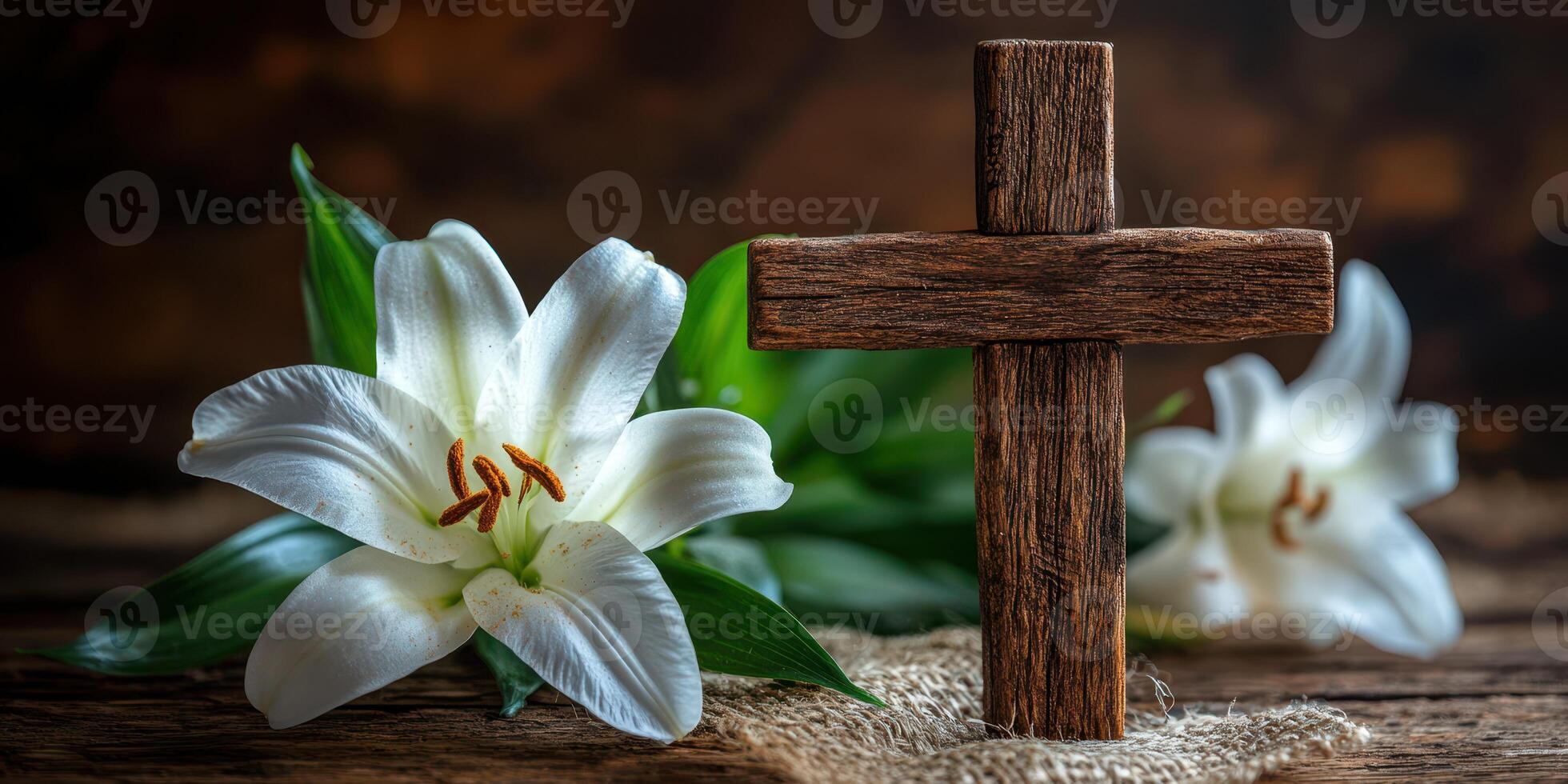 Beautiful white lilies and wooden cross create a serene atmosphere in a peaceful setting photo