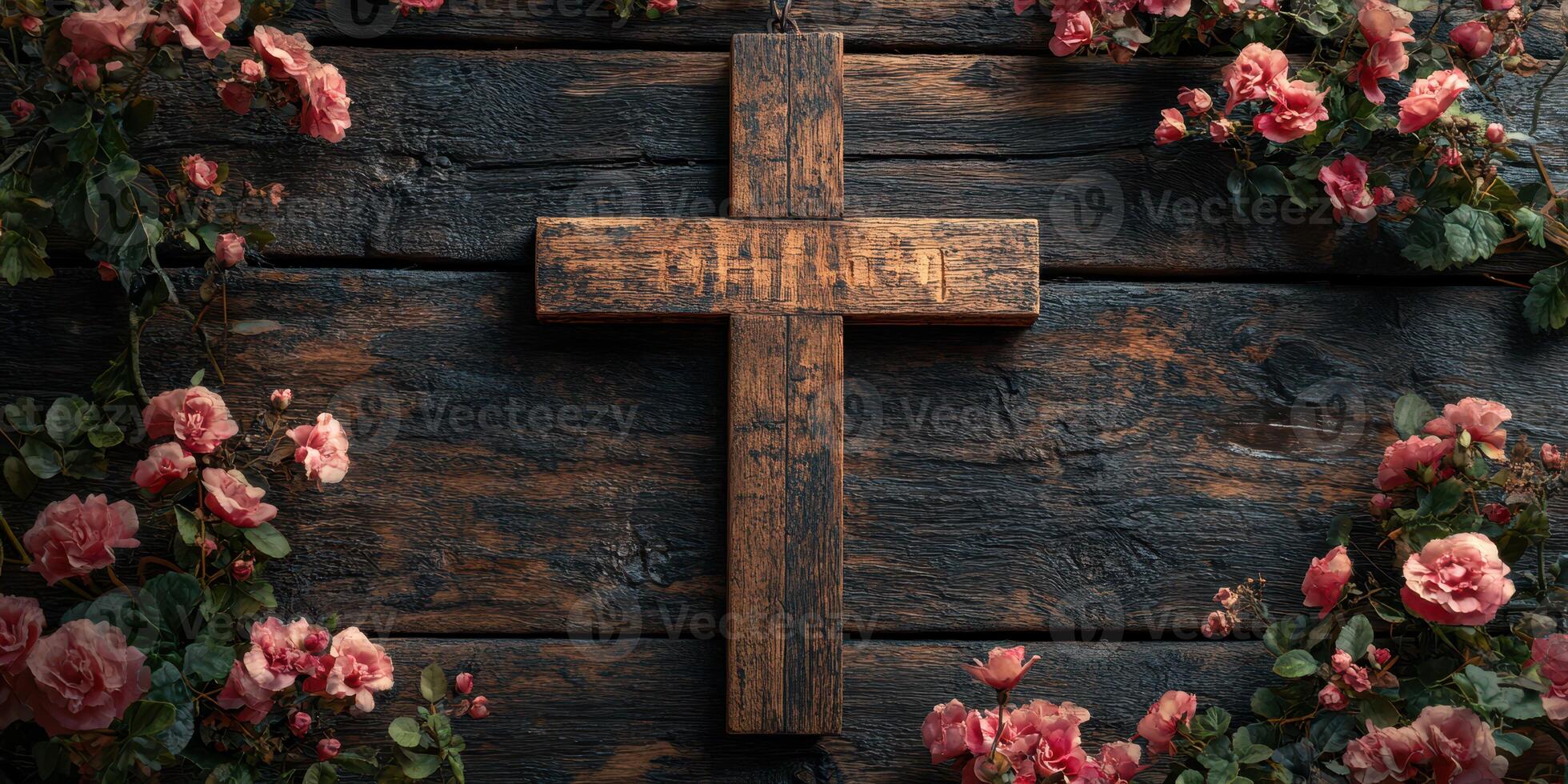 Wooden cross adorned with pink roses against a rustic wooden background in a serene setting photo
