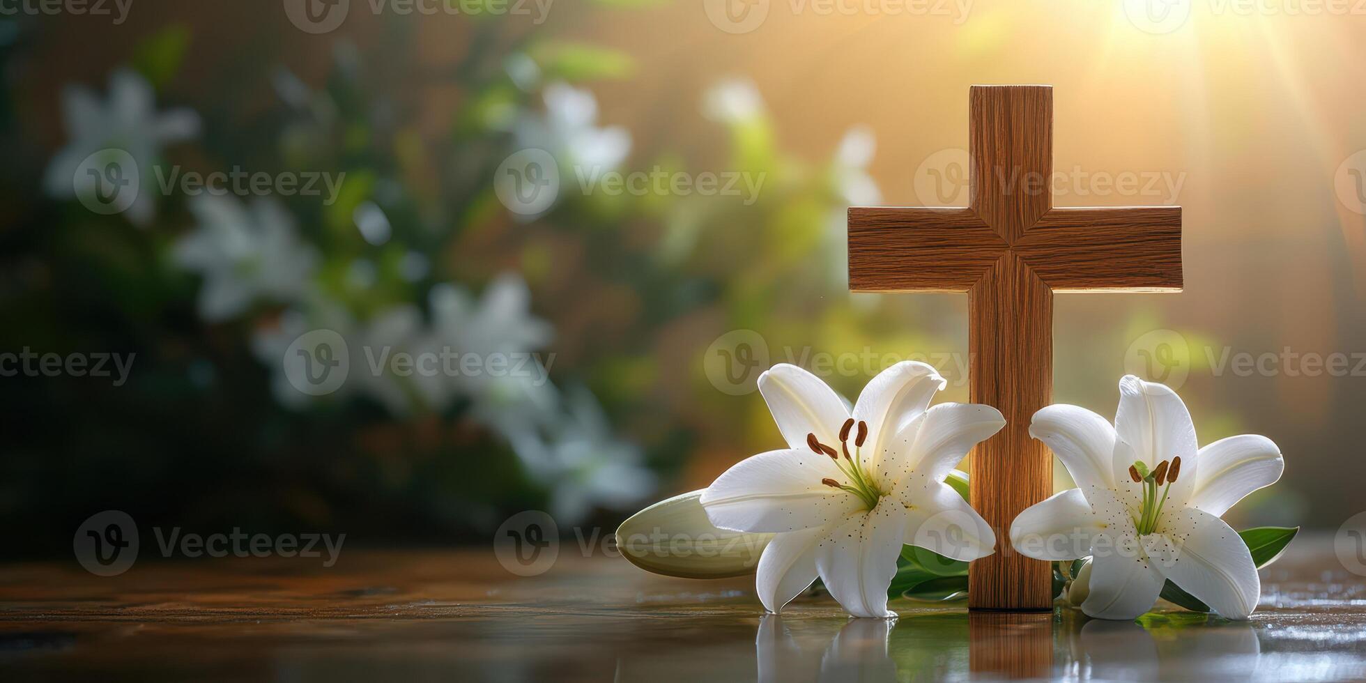 Beautiful wooden cross with white lilies illuminated by soft light in a serene setting photo